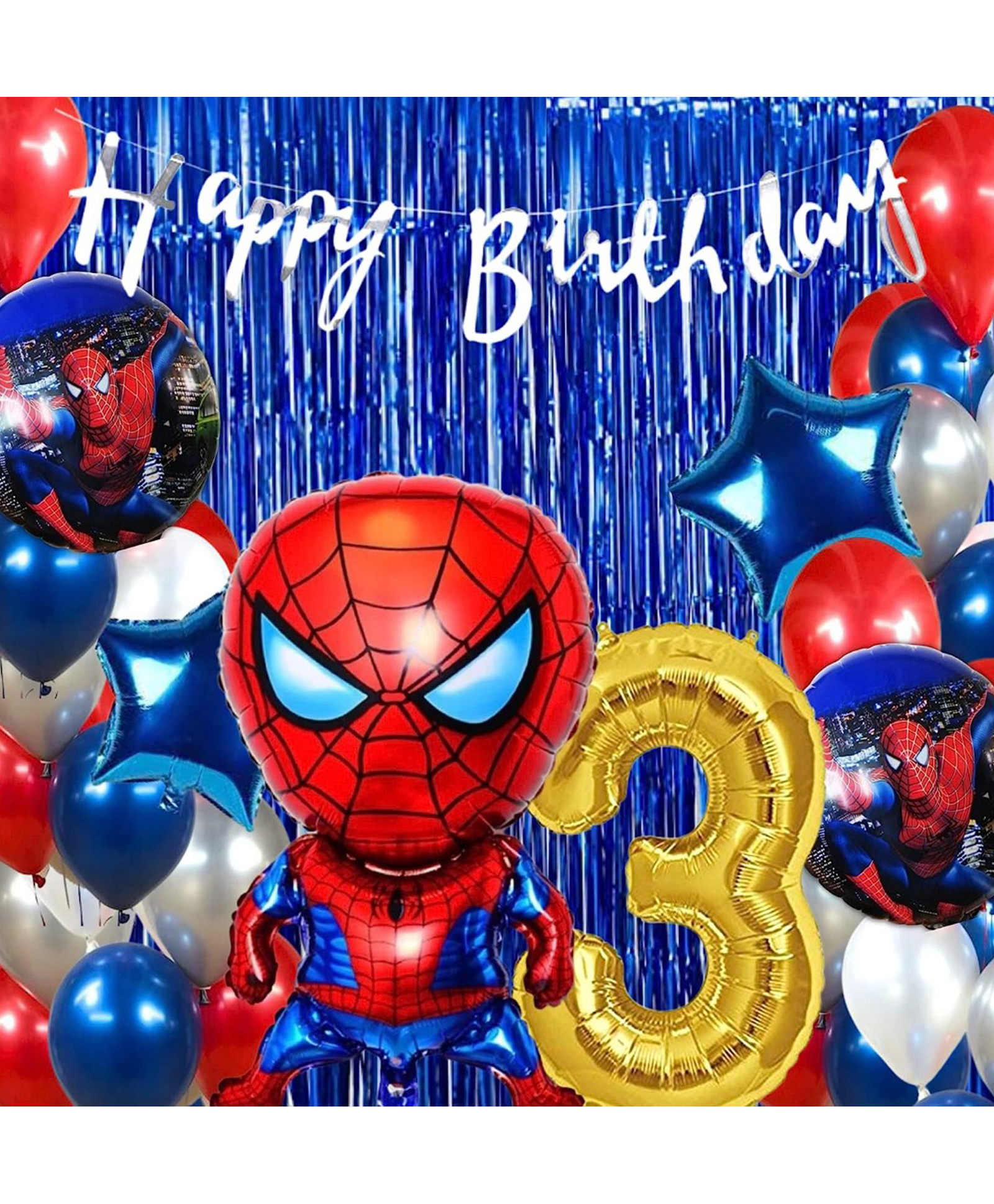 Bubble Trouble Superhero Spiderman Theme 3rd Birthday Decoration Kit With Balloons Spiderman Foil Curtain Foil  - Pack of 68 Pieces