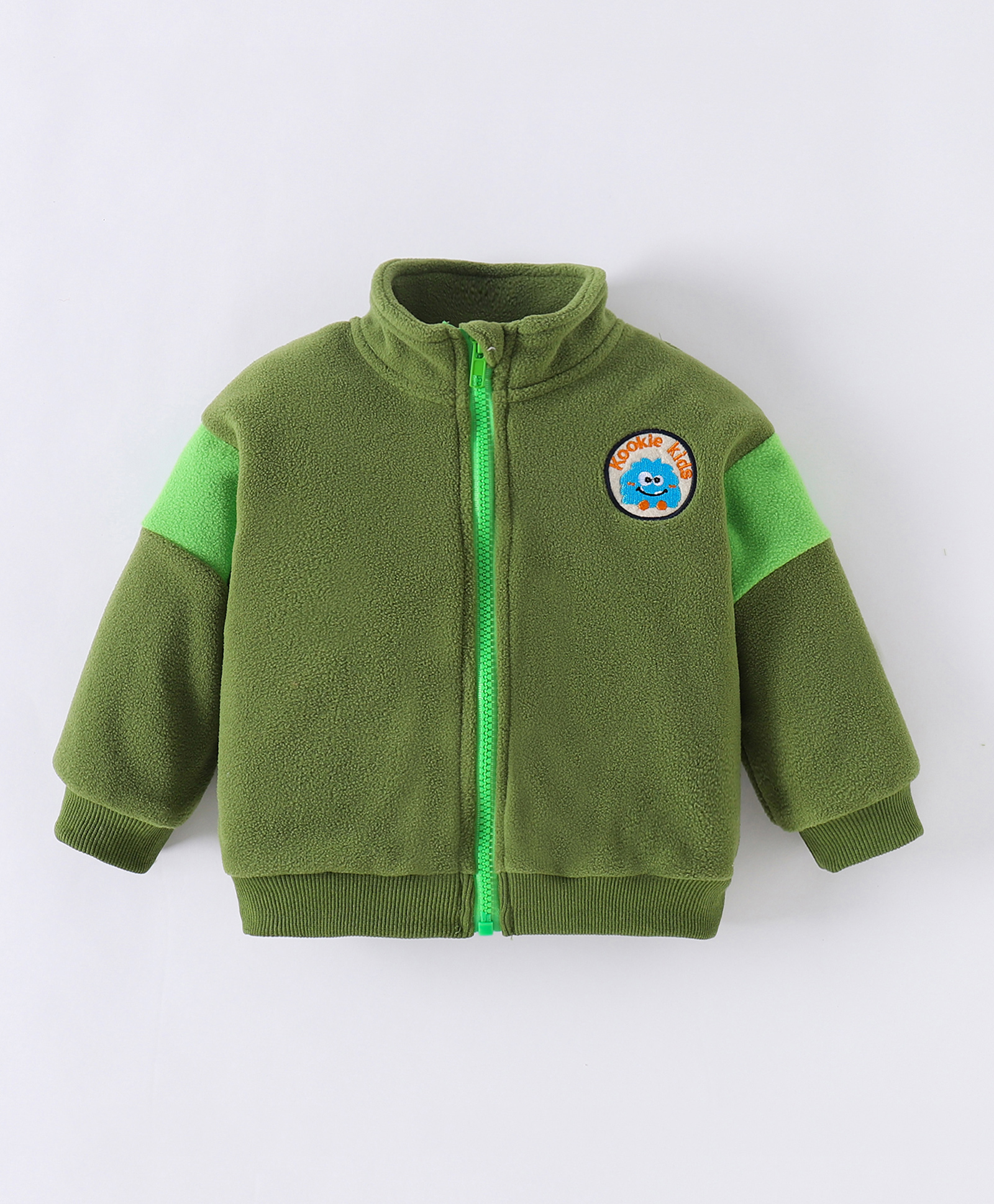 Kookie Kids Full Sleeves Colour Block Solid Winter Jacket with Brand Text Patch - Green-picture-17