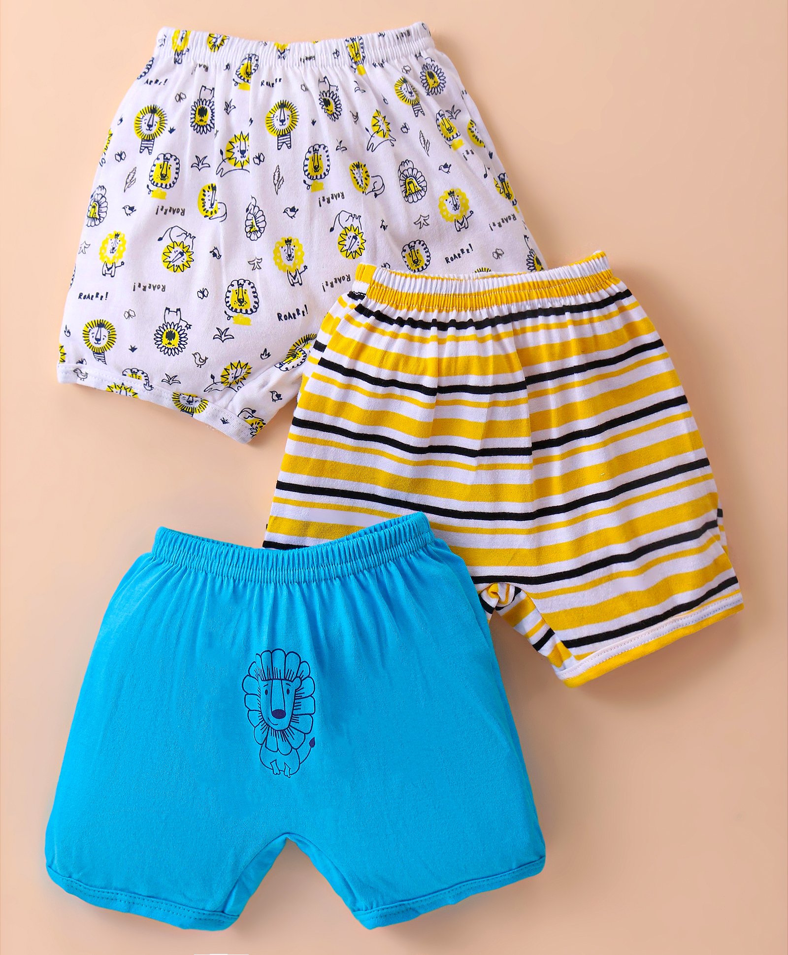 Bodycare Cotton Knit Lion Printed & Striped Trunk Pack Of 3 - Blue White & Yellow-image-33