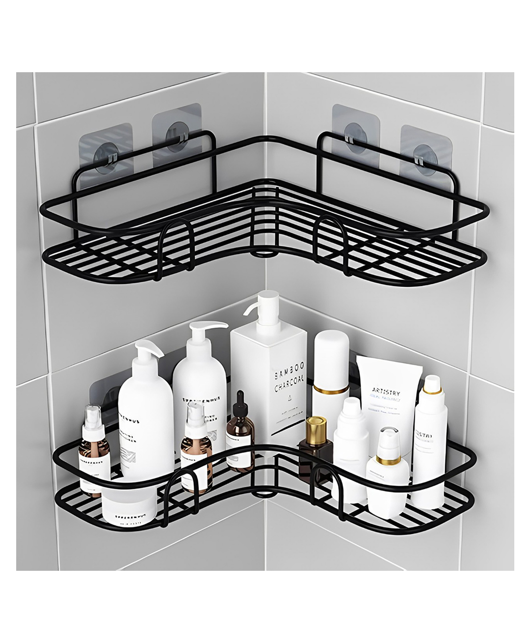 MOMISY Wall Mounted Self Adhesive Corner Shelf for Bathroom Corner/Kitchen Rack Holder with Magic Sticker/Bathroom Organizer without Drill (2, L shape Black)
