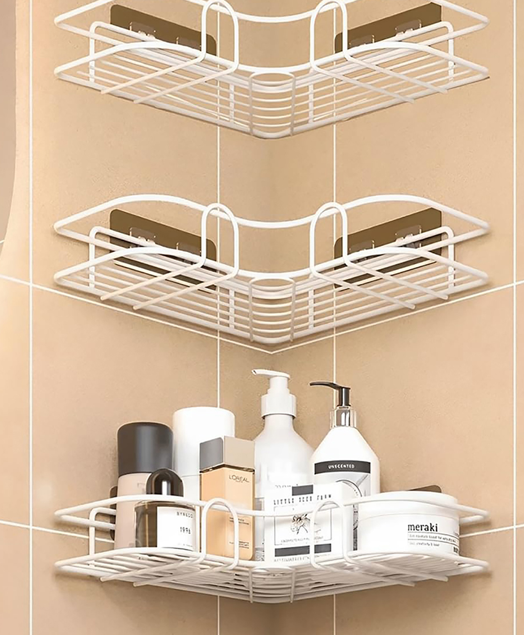 MOMISY Wall Mounted Self Adhesive Corner Shelf for Bathroom Corner/Kitchen Rack Holder with Magic Sticker/Bathroom Organizer without Drill (3, L shape White)-image-2