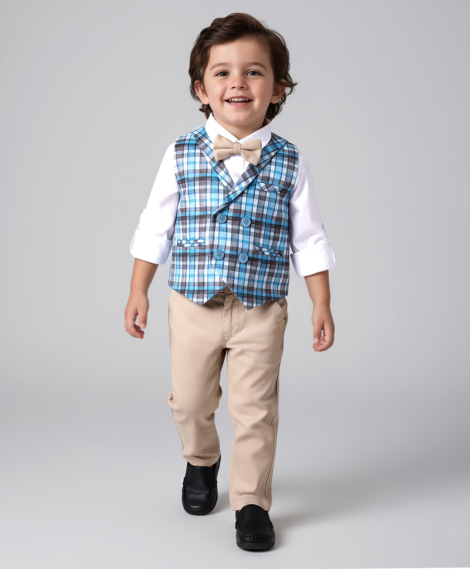 Mark & Mia Cotton Woven Full Sleeves Checkered 3 Piece Party Suit With Bow - Light Blue-image-12