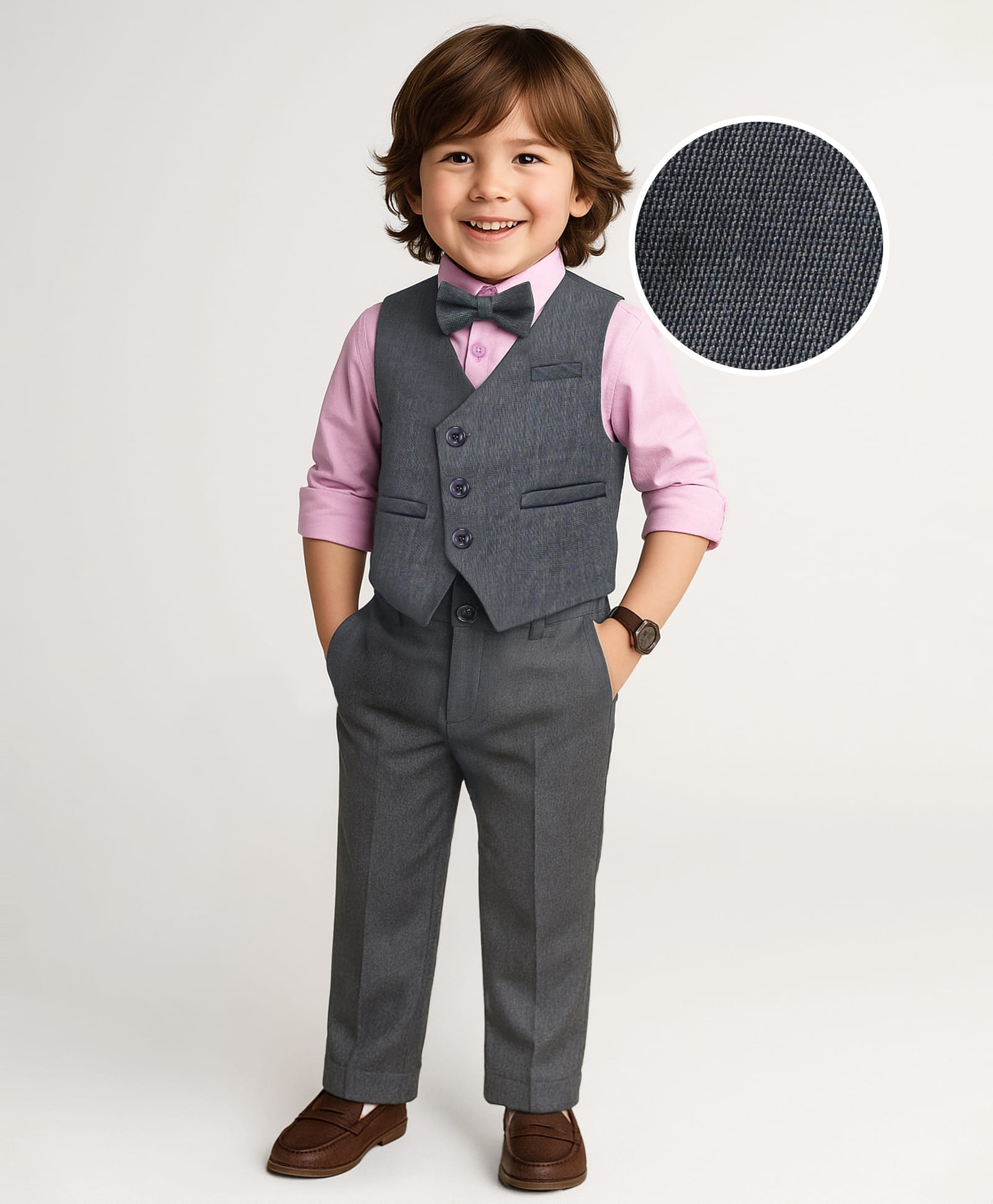 Mark & Mia Full Sleeves Solid Colour Textured 3 PieceParty Suit with Bow - Charcoal Grey & Pink-picture-23