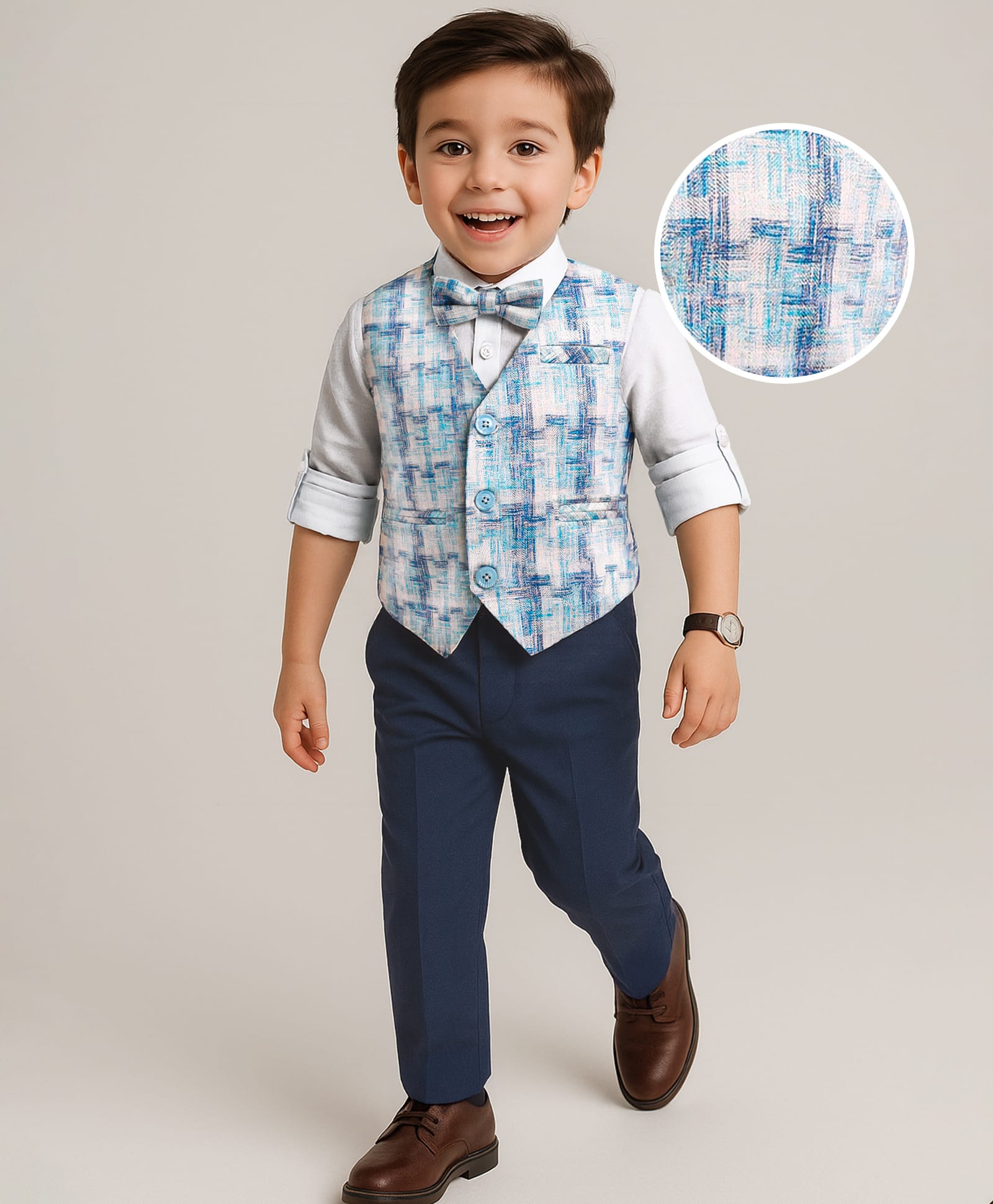 Mark & Mia Cotton Woven Full Sleeves Printed 3 Piece Party Suit With Bow - Light Blue-picture-20