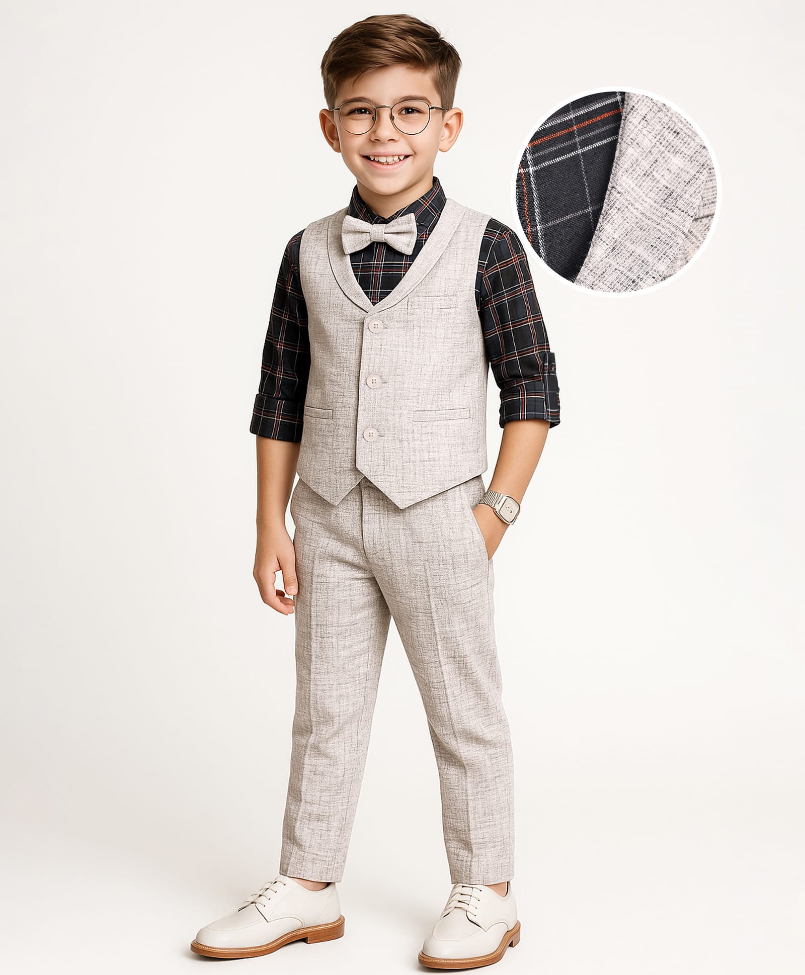 Mark & Mia Cotton Woven Full Sleeves Checkered 3 Piece Party Suit With Bow - Off White-picture-21