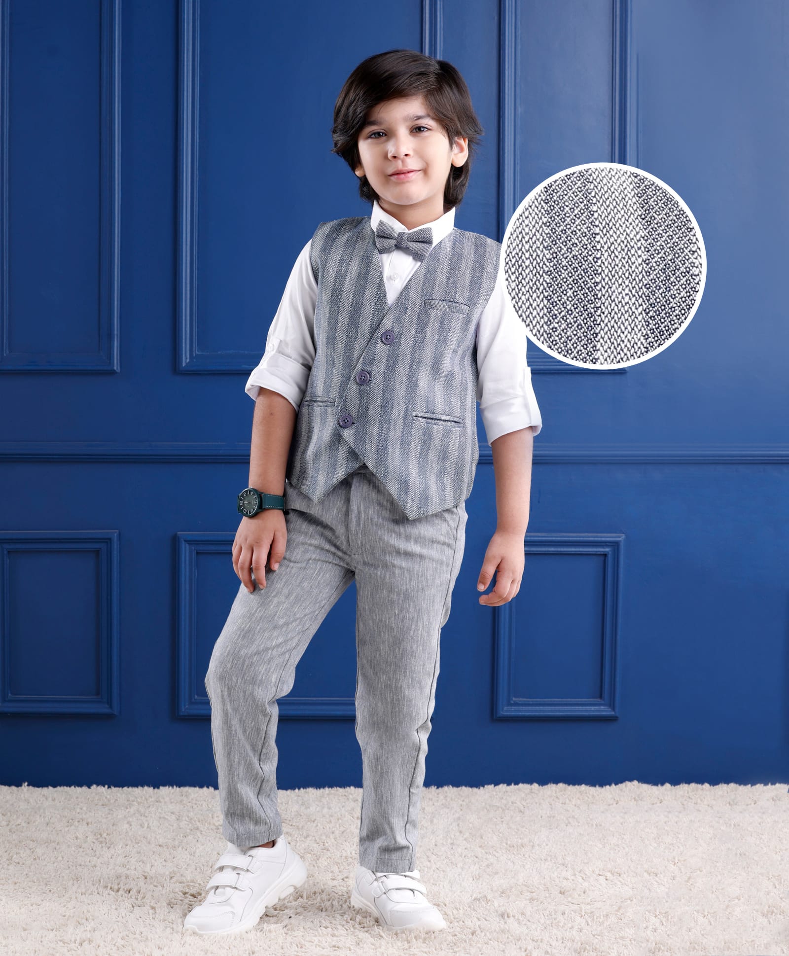 Mark & Mia Cotton Woven Full Sleeves Striped 3 Piece Party Suit With Bow - Grey-picture-14