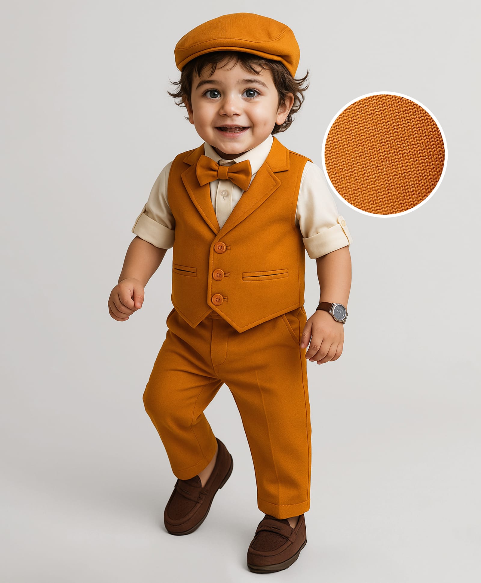 Mark & Mia Cotton Woven Full Sleeves Solid 3 Piece Party Suit With Bow & Hat - Light Brown & White-picture-21
