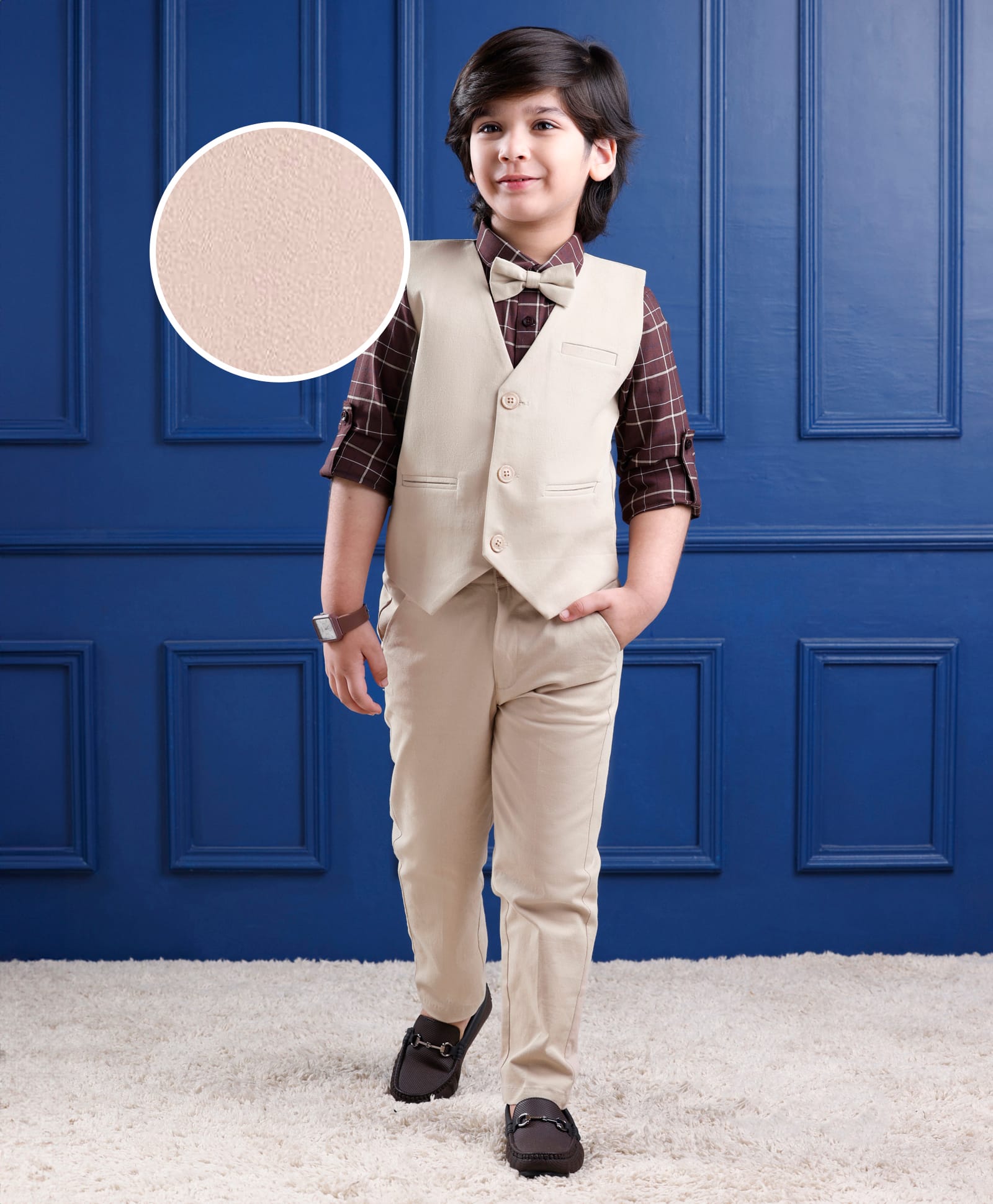 Mark & Mia Cotton Woven Full Sleeves Checkered 3 Piece Party Suit With Bow - Beige