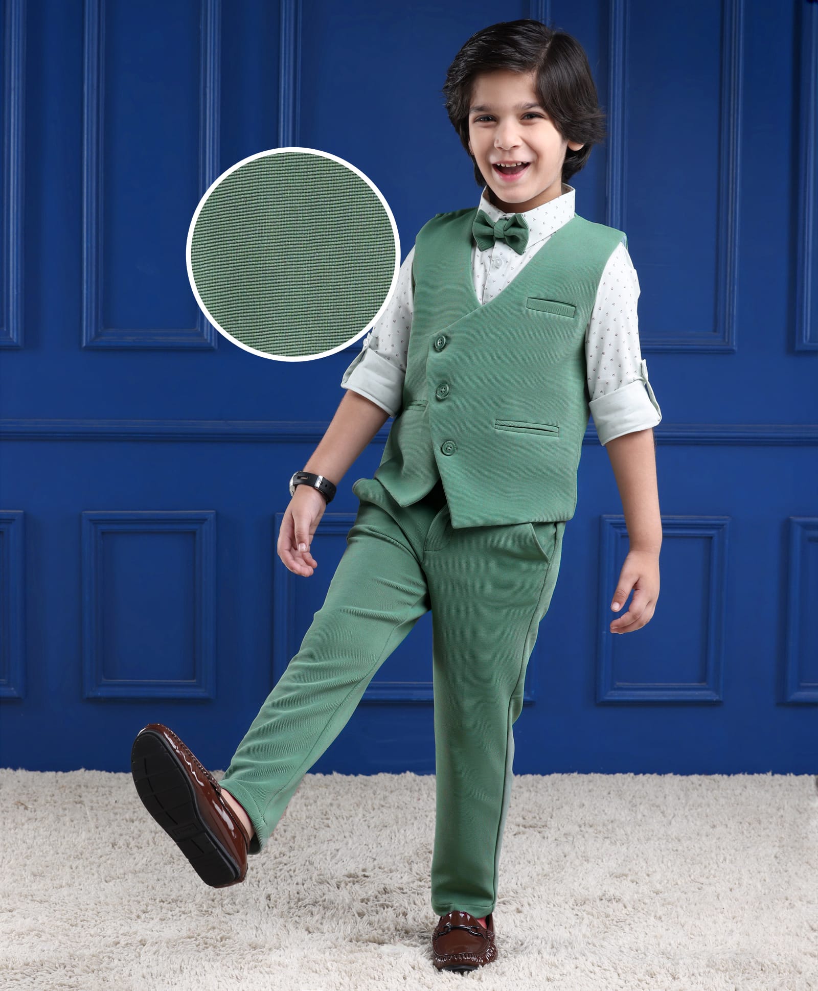 Mark & Mia Cotton Woven Full Sleeves Printed 3 Piece Party Suit With Bow - Green-picture-22