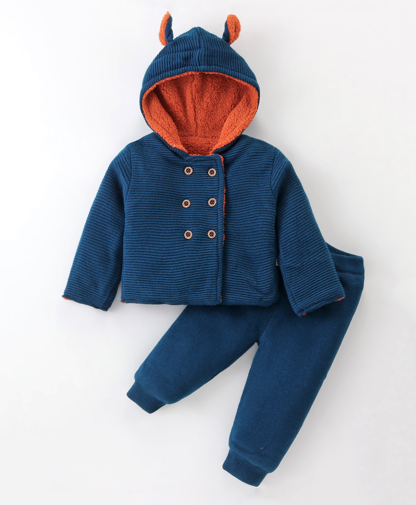 Yellow Apple Knitted Full Sleeves Solid Colour Hooded Sweater Set with Ears Applique - Blue-image-49