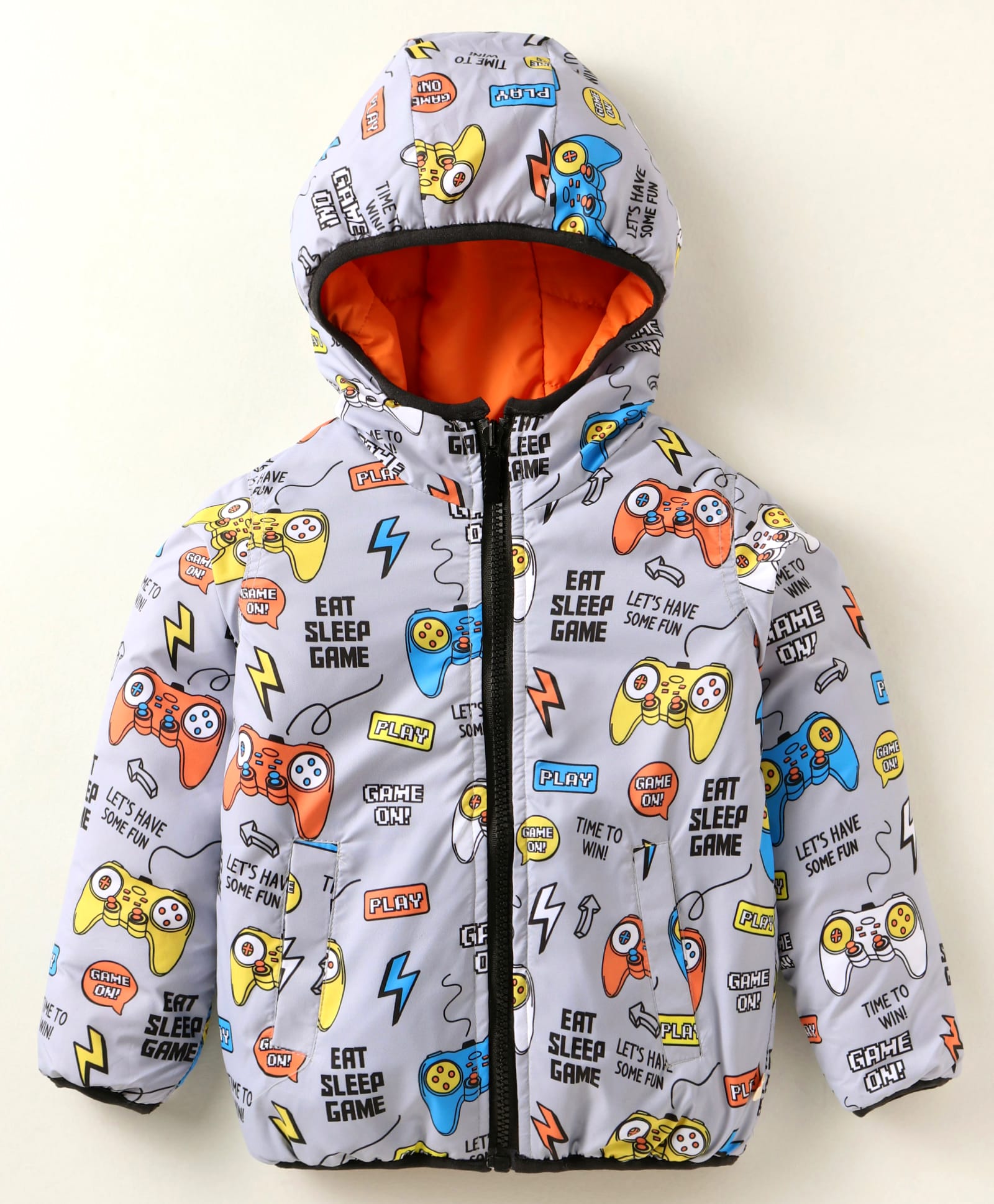 Yellow Apple Woven Full Sleeves Hooded Padded Winter Jacket with Game On Print - Grey-picture-23