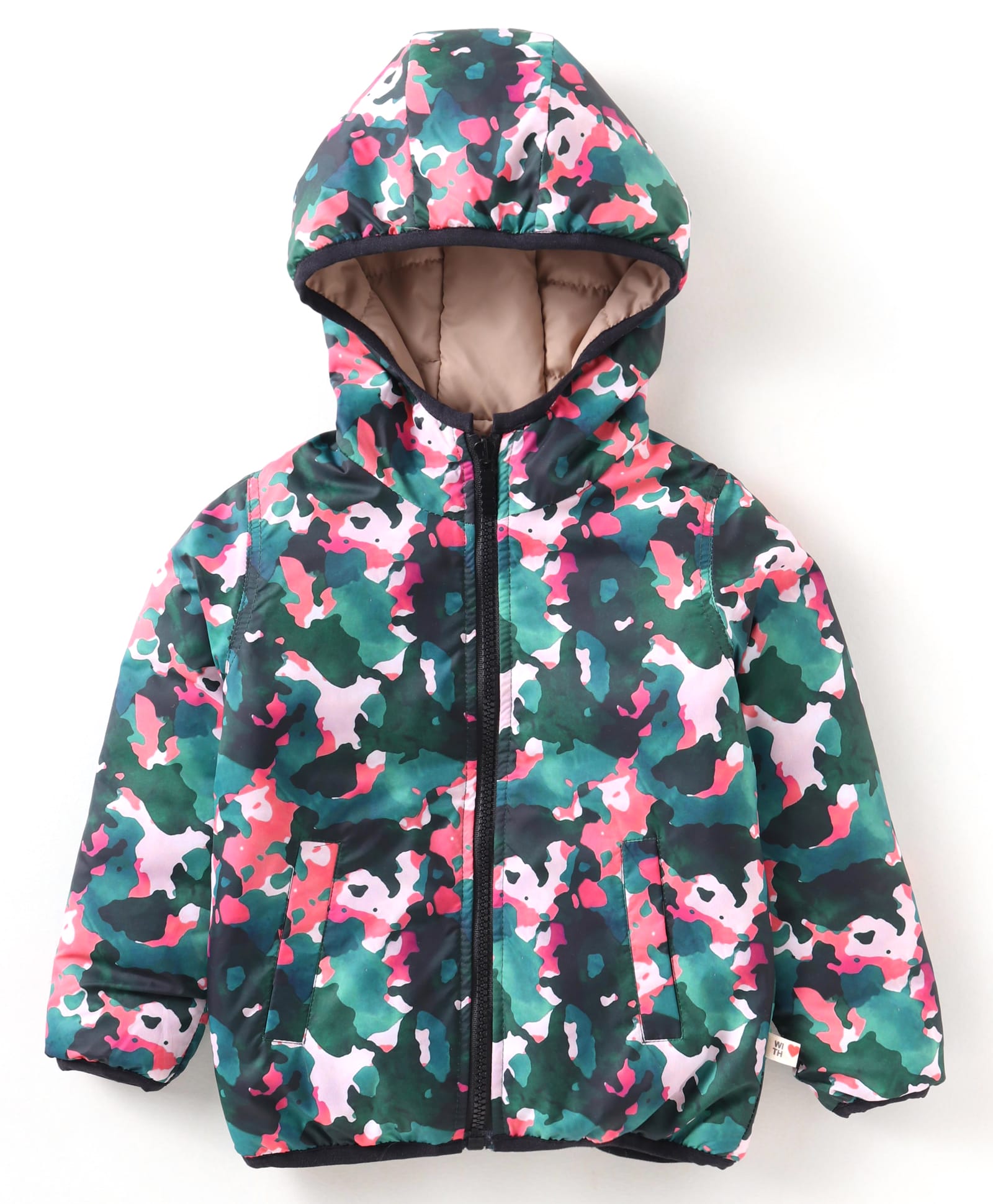 Yellow Apple Woven Full Sleeves Hooded Padded Winter Jacket with Camouflage Design - Dark Green-picture-12