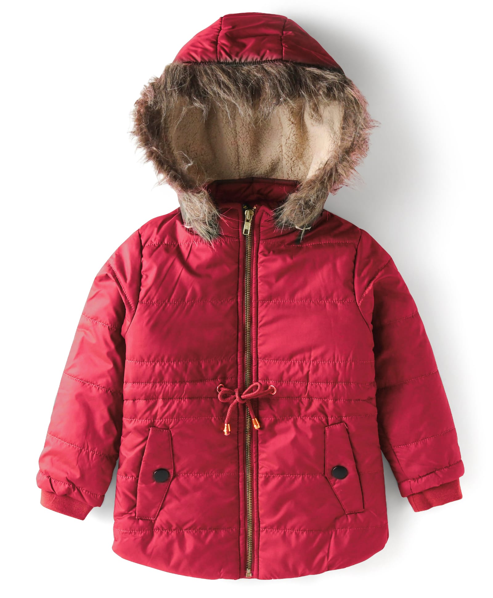 Yellow Apple Woven Full Sleeves Solid Colour Hooded Padded Jacket - Coral-image-2