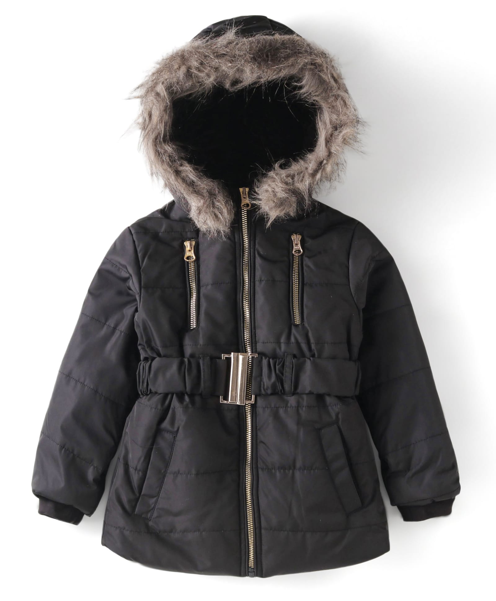 Yellow Apple Woven Full Sleeves Padded Hooded Solid Colour Jacket - Black-image-37