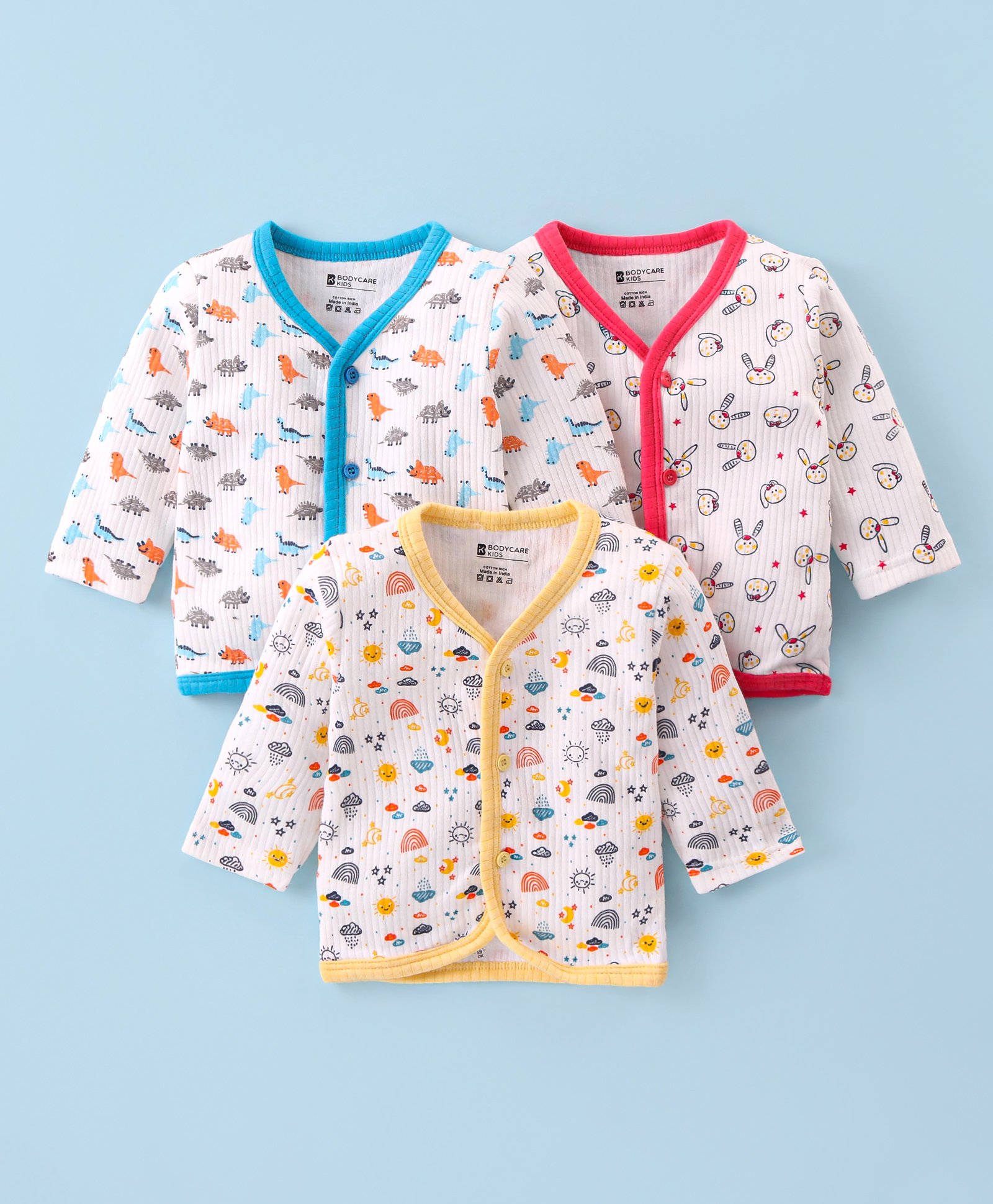 Bodycare Cotton Knit Full Sleeves Anti Bacterial Front Open Jhablas with Dino & Bunny Print Pack of 3 - Off White-image-44