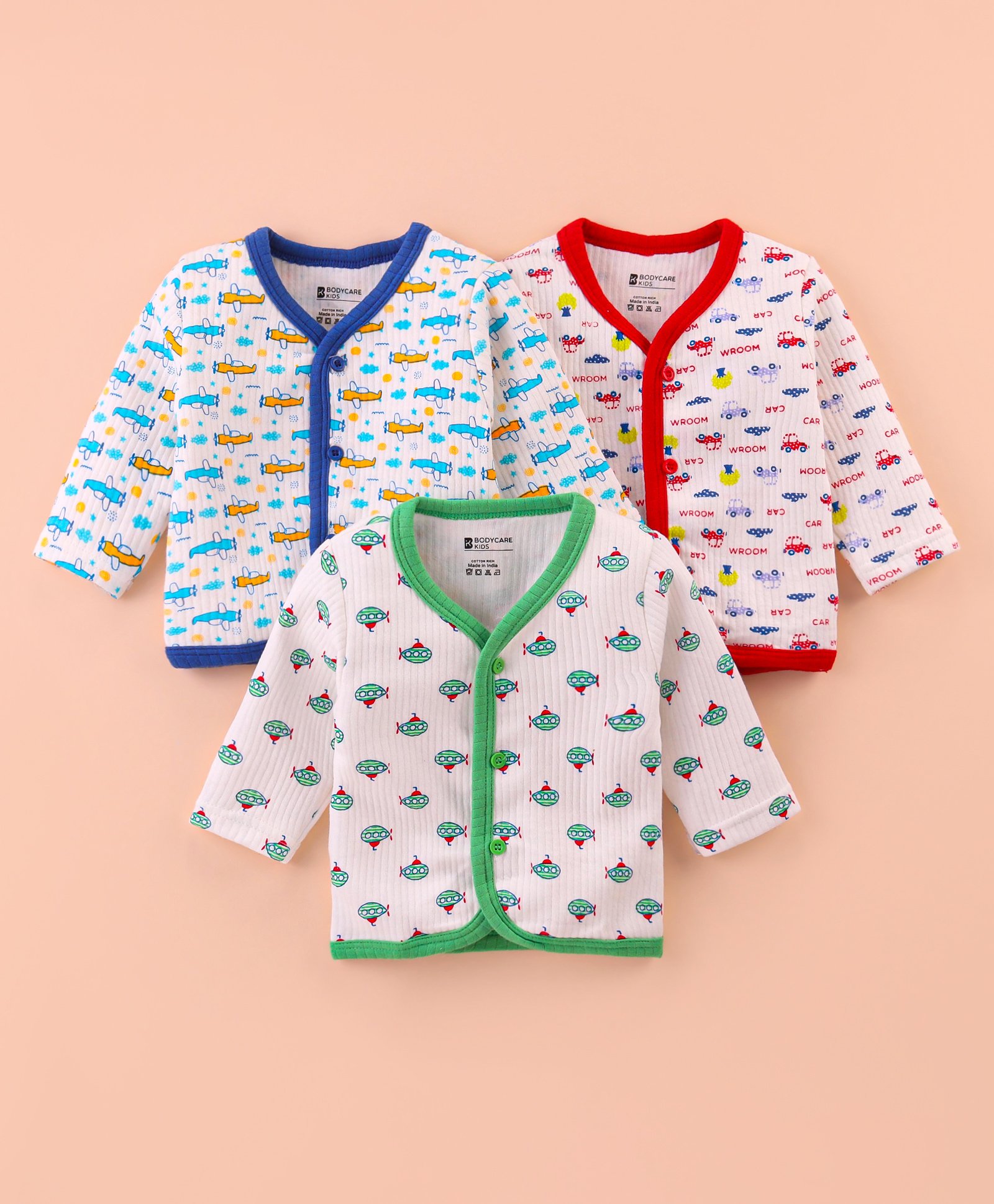 Bodycare Cotton Knit Full Sleeves Anti Bacterial  Front Open Jhablas with Car Submarine & Aeroplane Print Pack of 3 - White-image-27