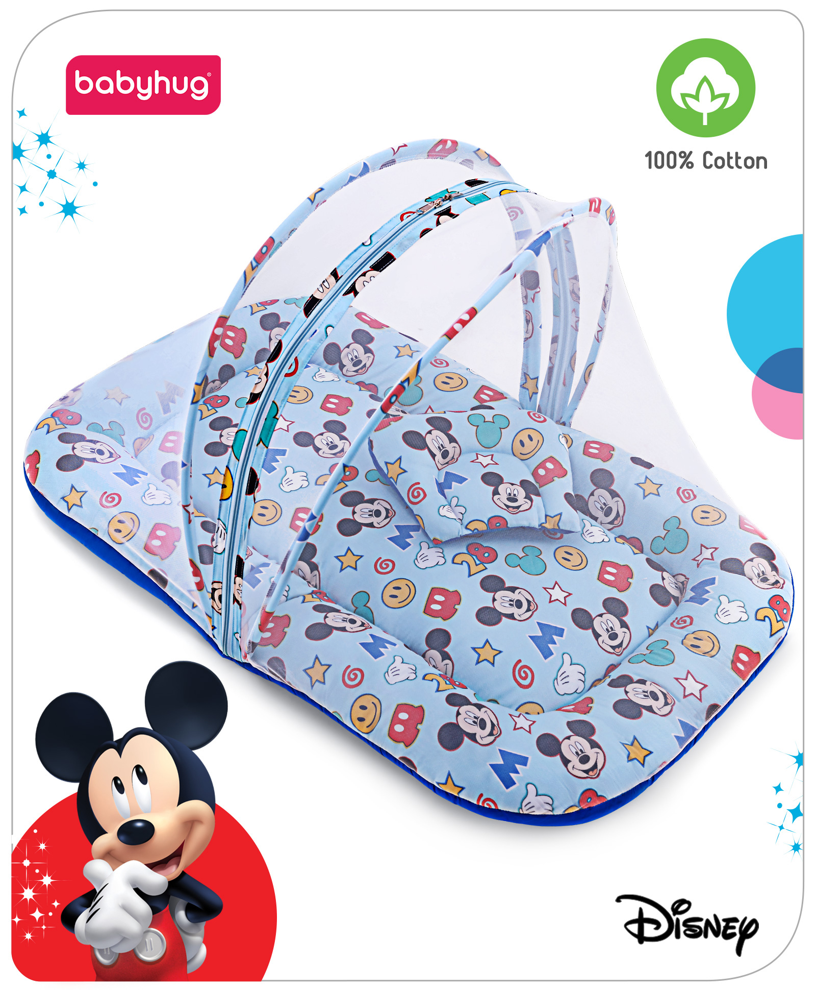 Babyhug Disney Gadda Set With Mosquito Net Smiley Mickey Face Print - Blue-image-42