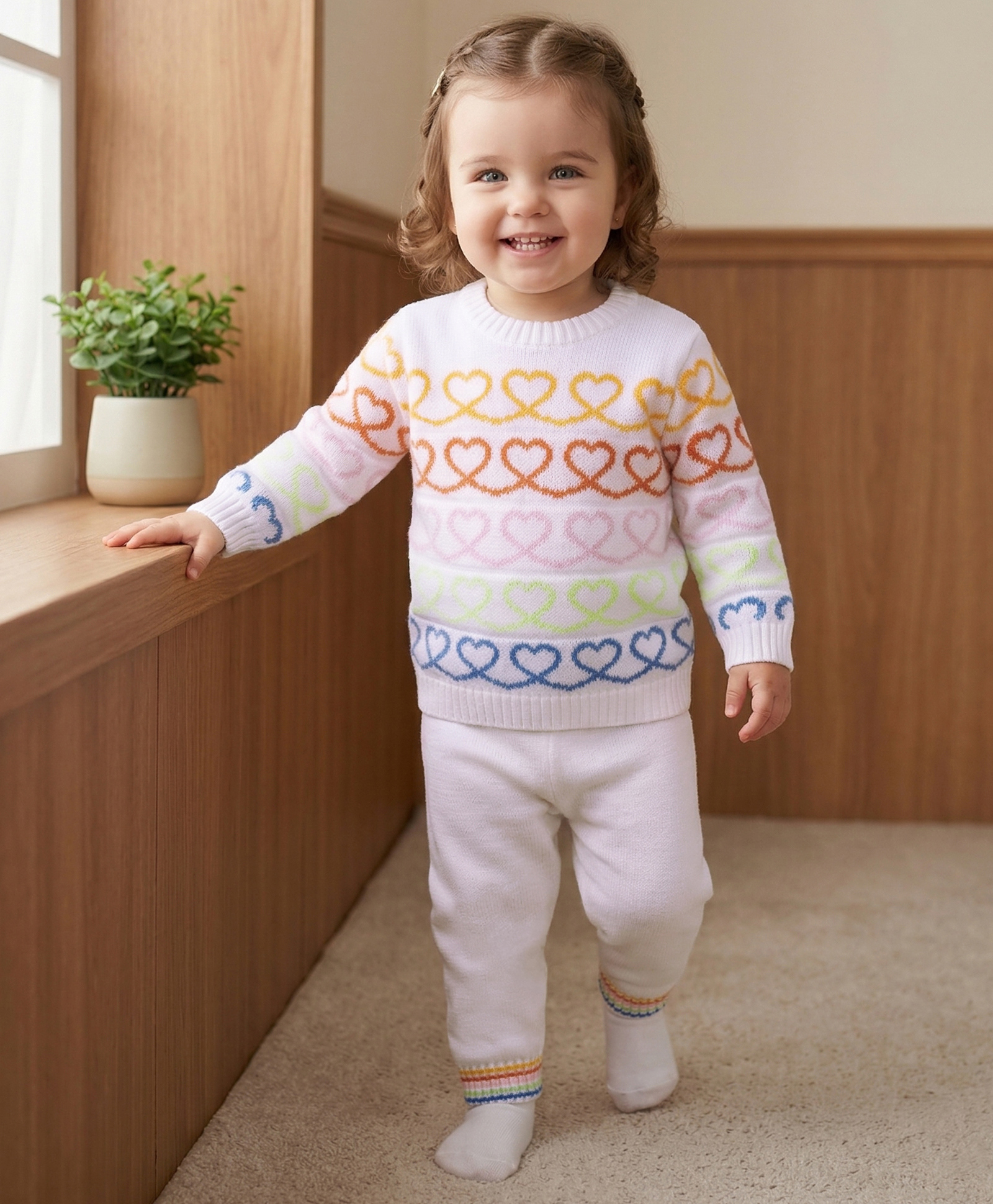 Babyoye Knitted Full Sleeves Sweater Set with Hearts Design - White-image-17