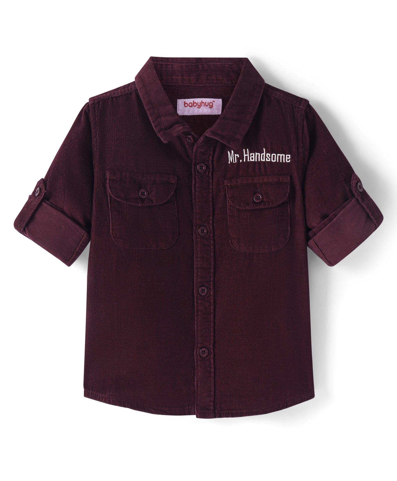 Babyhug Cotton Woven Full Sleeves Corduroy Shirt Text Embroidery - Wine-picture-28