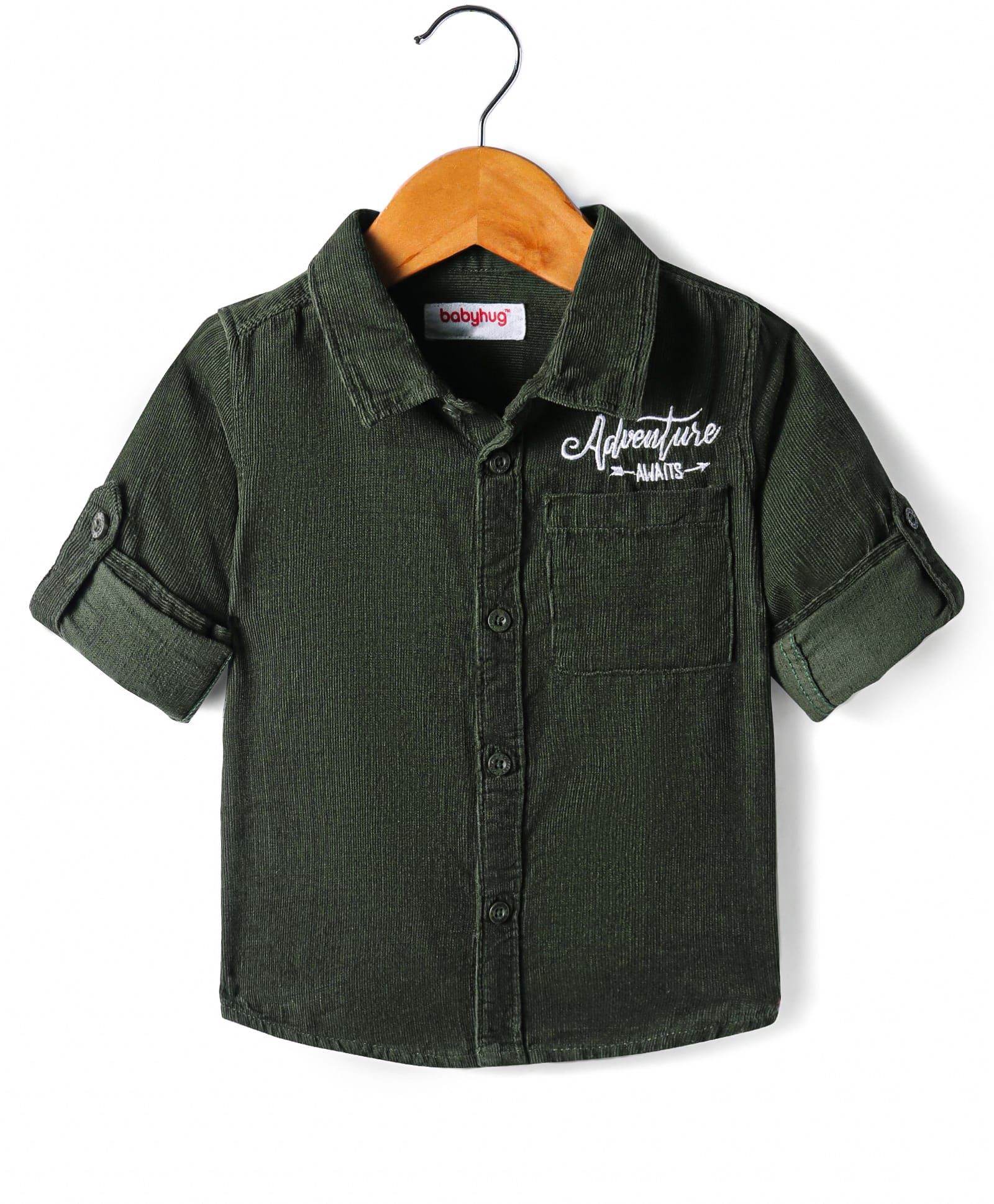 Babyhug Cotton Woven Full Sleeves Solid Corduroy Shirt - Olive Green-image-11