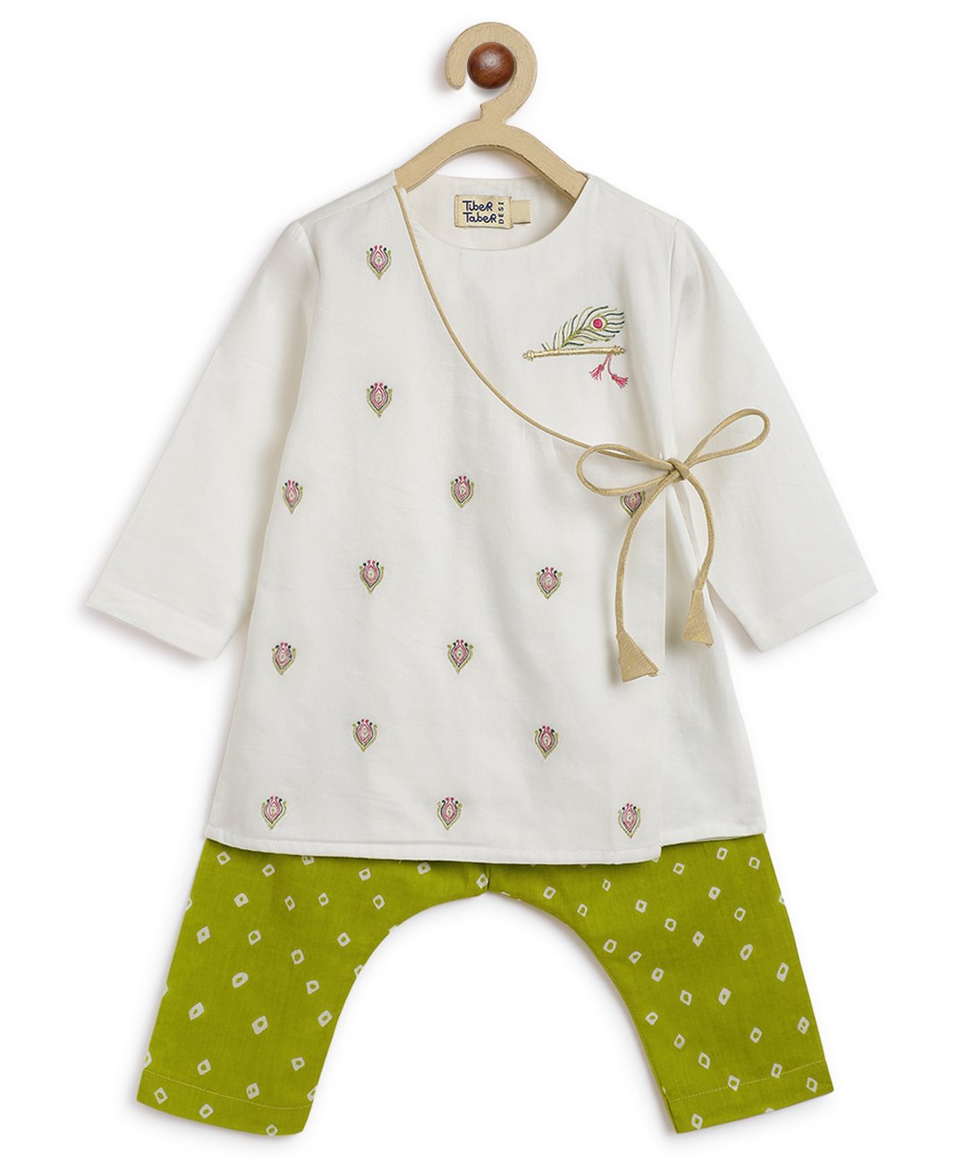 Tiber Taber Full Sleeves Abstract Embroidered Angrakha Style Kurta With Bandhani Printed Pyjama - White-image-4