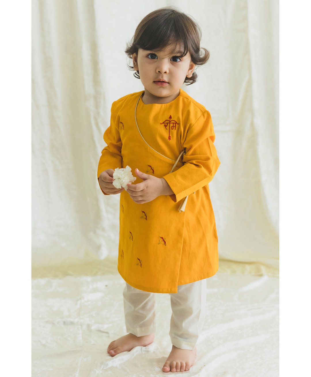 Tiber Taber Full Sleeves Ram Text Embroidered Angrakha Style Kurta With Pyjama - Yellow-picture-11