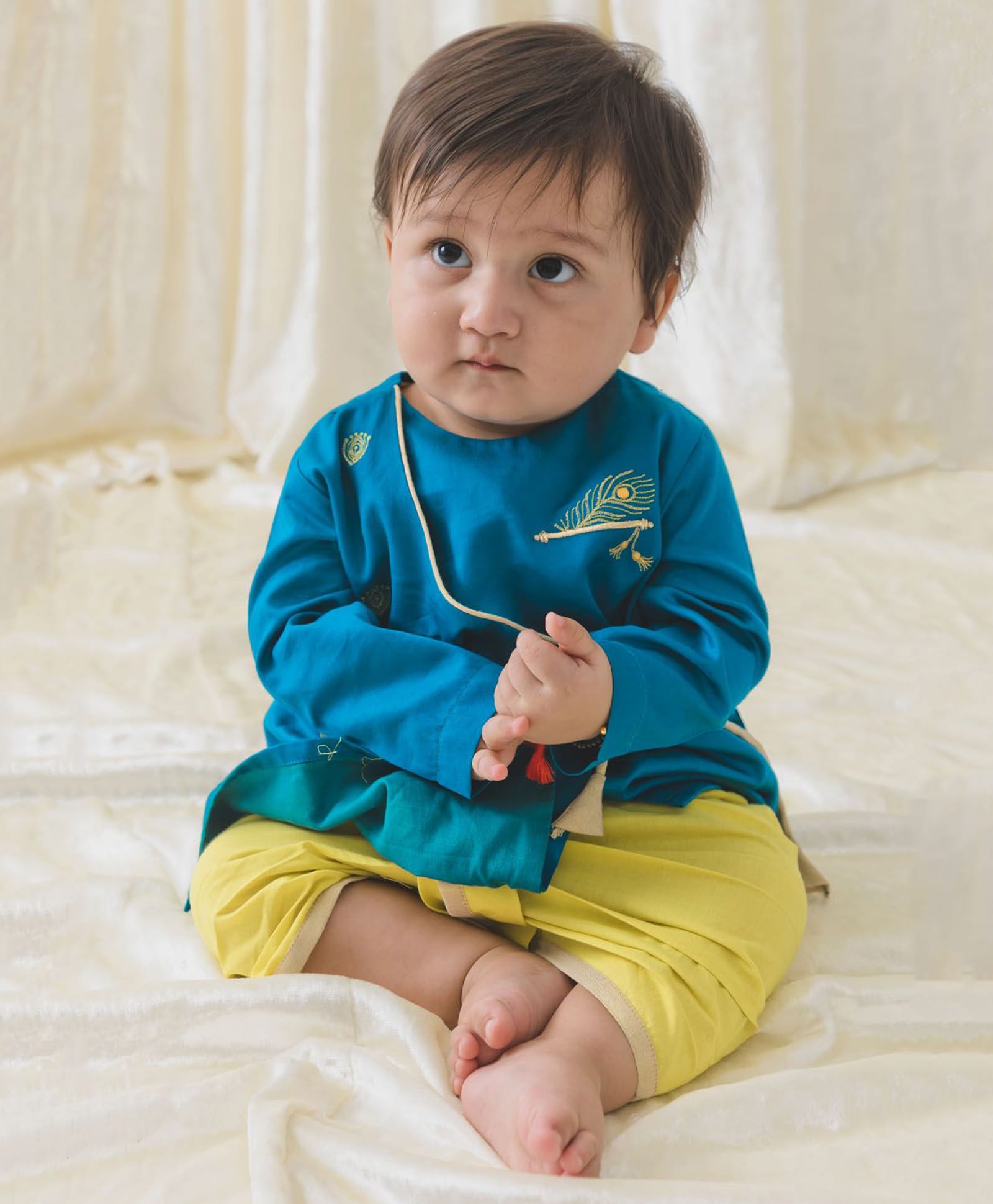 Tiber Taber Full Sleeves Peacock Feathers Foil Printed Angrakha Style Kurta With Dhoti - Blue-image-19