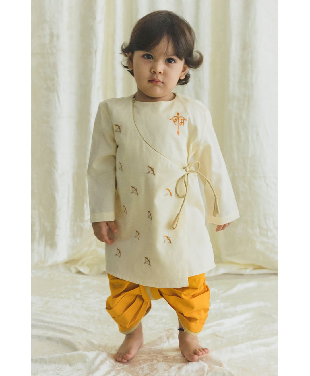 Tiber Taber Cotton Full Sleeves Ram Text Embroidered Angrakha Kurta Dhoti - Cream-picture-5