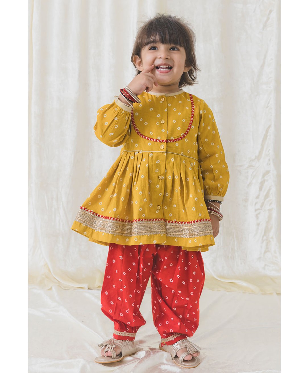 Tiber Taber Full Sleeves Lace Embellished & Bandhani Printed Kurta With Salwar - Yellow-picture-26