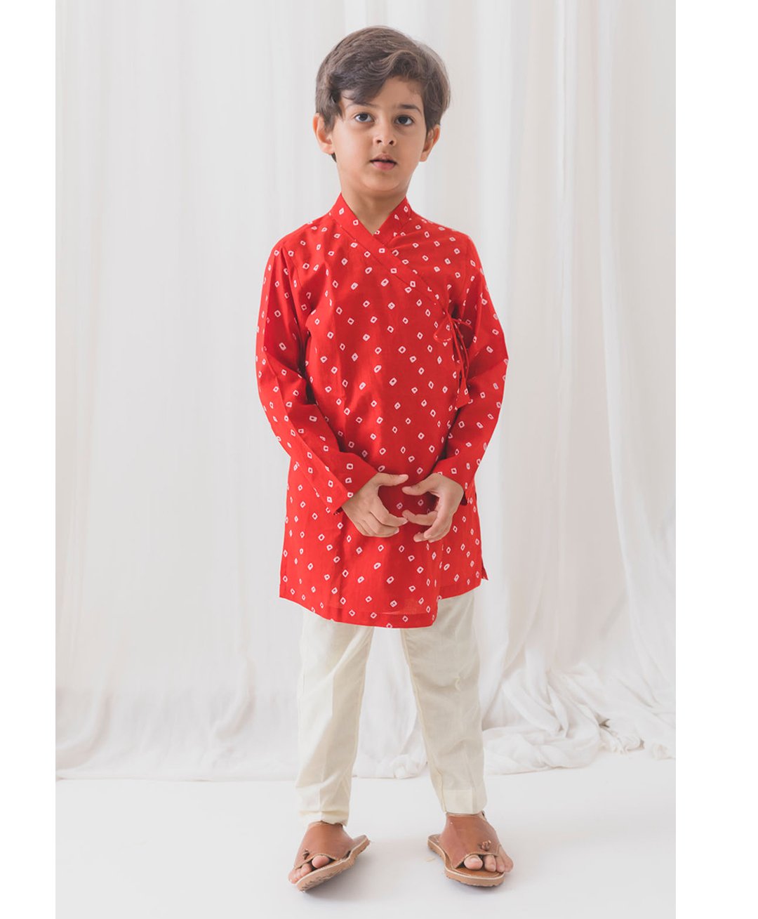 Tiber Taber Full Sleeves Bandhani Printed Angrakha Style Kurta With Solid Pyjama - Red-image-5