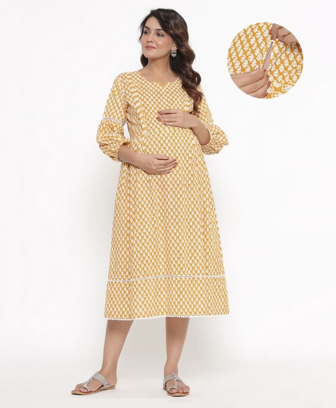 Ikk Kudi by Seerat Cotton Woven Three Fourth Sleeves Abstract  Printed Dress With Concealed Zipper Nursing Access - Yellow-picture-36