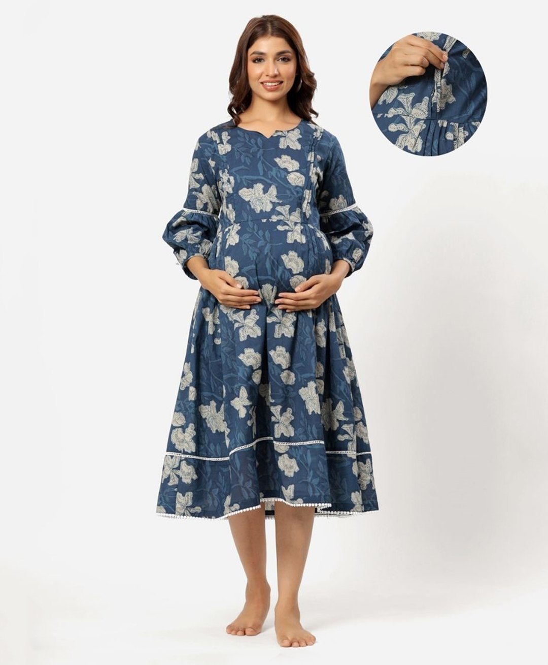 Ikk Kudi by Seerat Cotton Woven Three Fourth Sleeves Floral  Printed Dress With Concealed Zipper Nursing Access - Blue-picture-35
