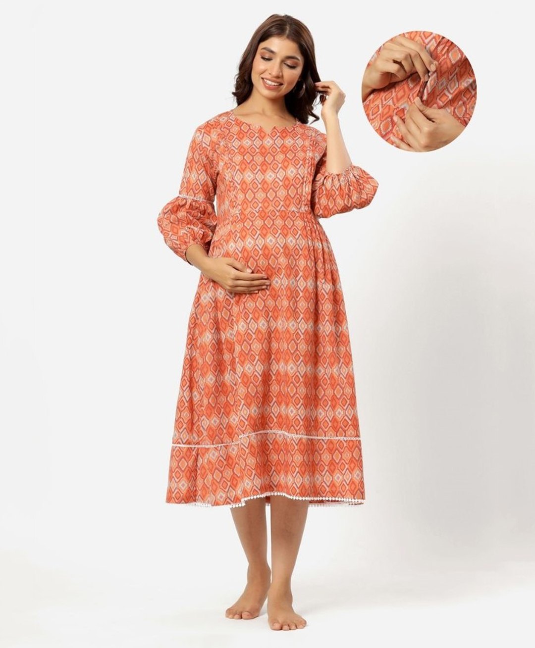 Ikk Kudi by Seerat Cotton Woven Three Fourth Sleeves Abstract Printed Dress With Concealed Zipper Nursing Access- Peach-image-27
