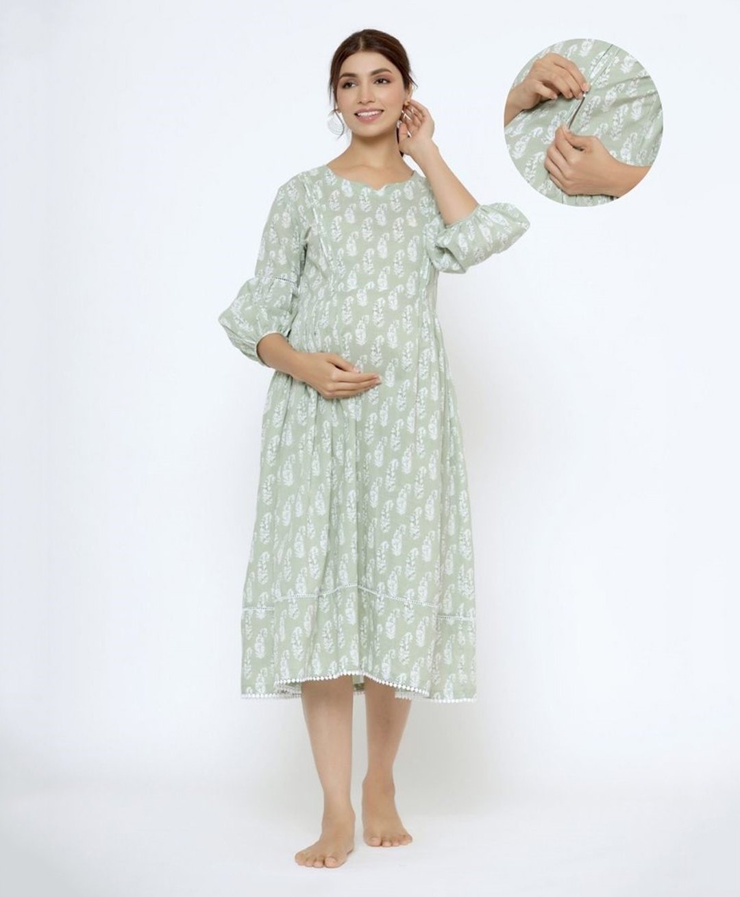 Ikk Kudi by Seerat Cotton Three Fourth Sleeves Paisley Printed Maternity Dress With Concealed Zipper Nursing Access - Light Green-picture-36