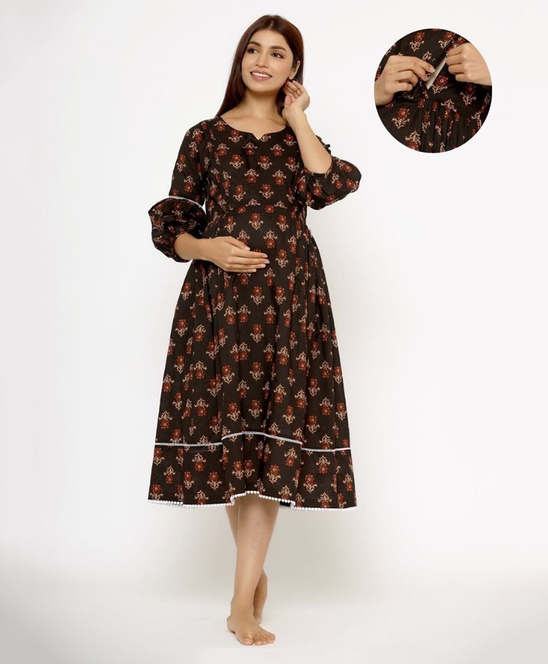 Ikk Kudi by Seerat Cotton Three Fourth Sleeves Floral Boota Printed Maternity Dress With Concealed Zipper Nursing Access -  Black-picture-15