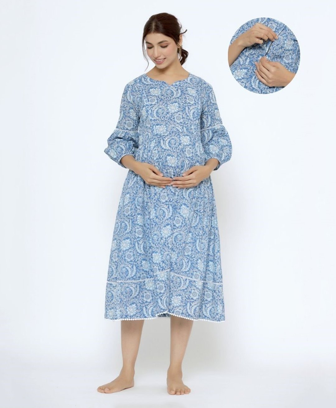 Ikk Kudi by Seerat Cotton Three Fourth Sleeves Floral Printed Maternity Dress With Concealed Zipper Nursing Access - Blue & White-picture-19
