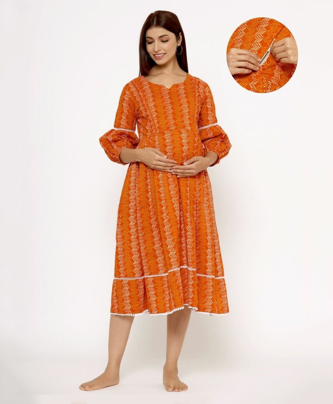 Ikk Kudi by Seerat Cotton Three Fourth Sleeves Abstract Printed Maternity Dress With Concealed Zipper Nursing Access - Orange-picture-9
