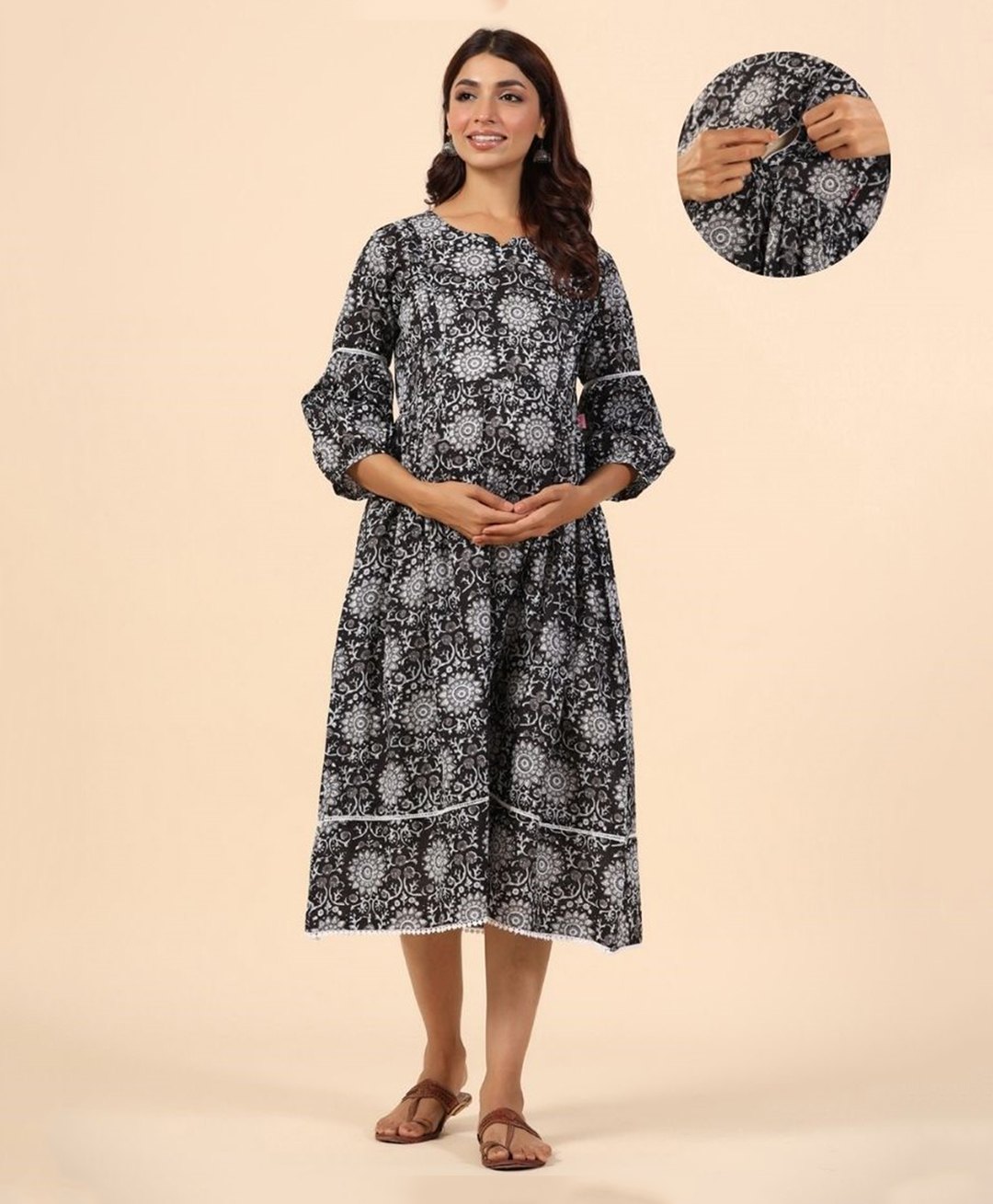 Ikk Kudi by Seerat Cotton Three Fourth Sleeves Floral Printed Maternity Dress With Concealed Zipper Nursing Access - Black & White-picture-14