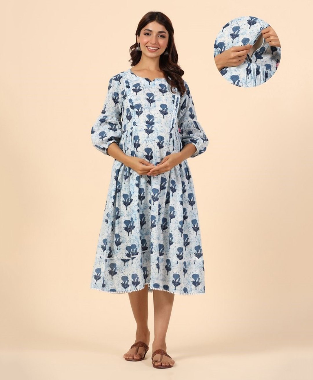 Ikk Kudi by Seerat Cotton Three Fourth Sleeves Floral Printed Maternity Dress With Concealed Zipper Nursing Access - Light Blue-picture-16