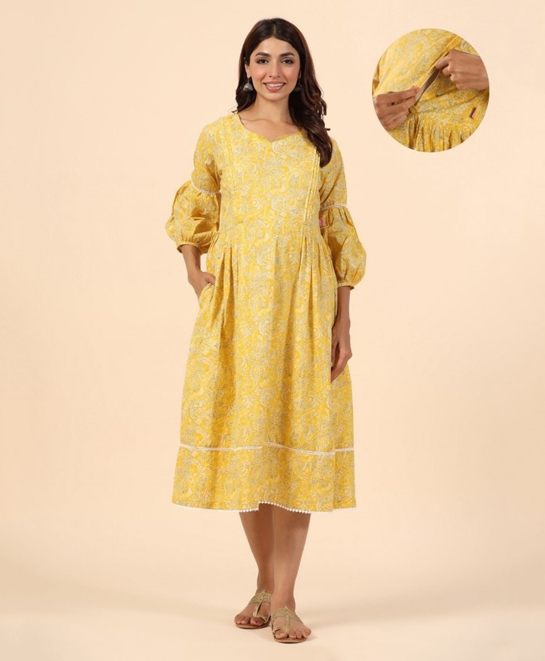 Ikk Kudi by Seerat Cotton Three Fourth Sleeves Paisley Printed Dress With Concealed Zipper Nursing Access - Yellow-picture-17