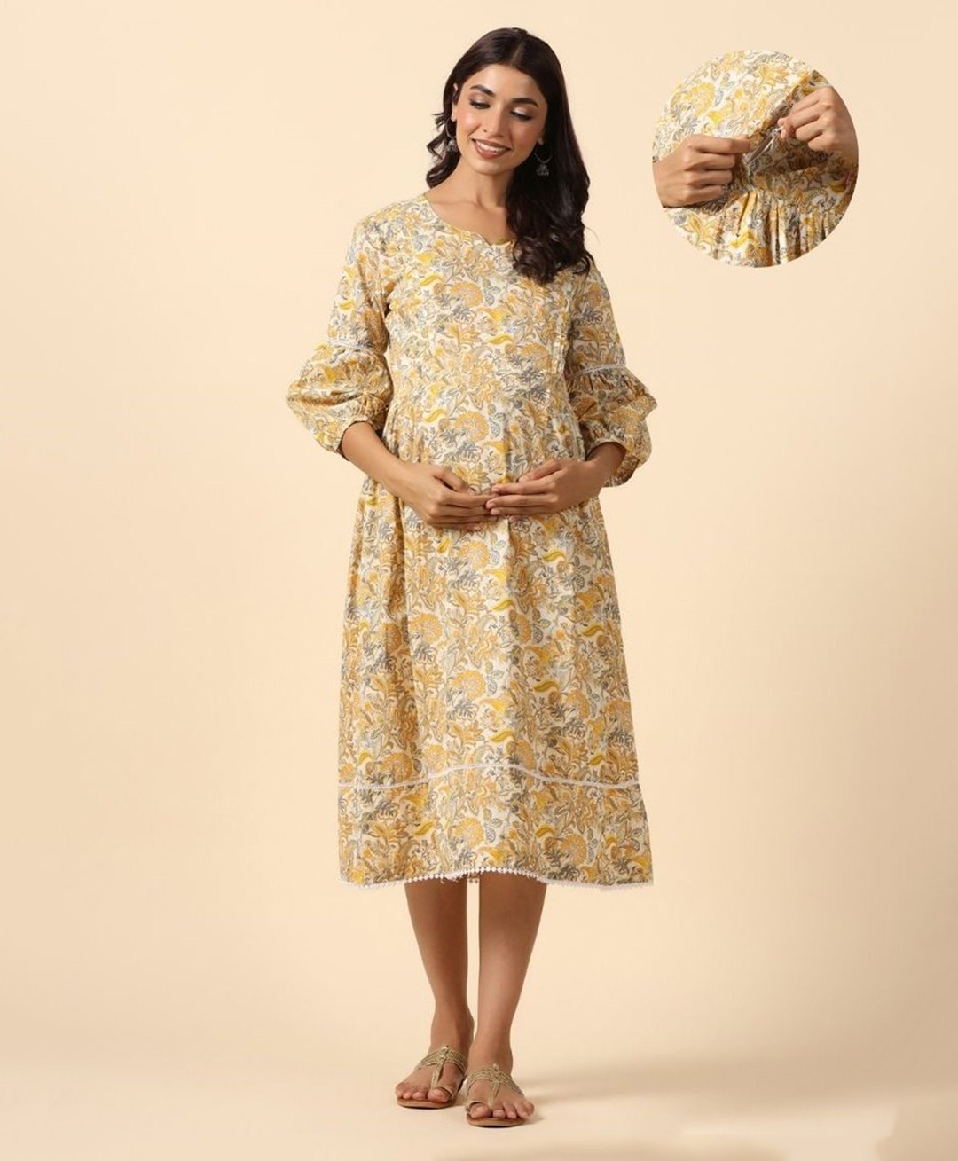 Ikk Kudi by Seerat Cotton Three Fourth Sleeves Floral  Printed Dress With Concealed Zipper Nursing Access- Yellow & White-picture-11