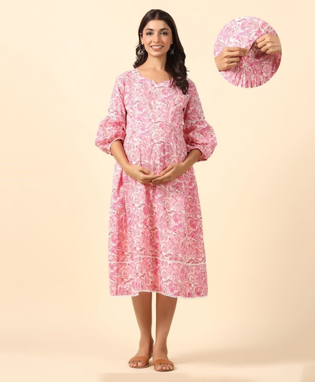 Ikk Kudi by Seerat Cotton Three Fourth Sleeves Floral  Printed Dress With Concealed Zipper Nursing Access - Pink & White-picture-13