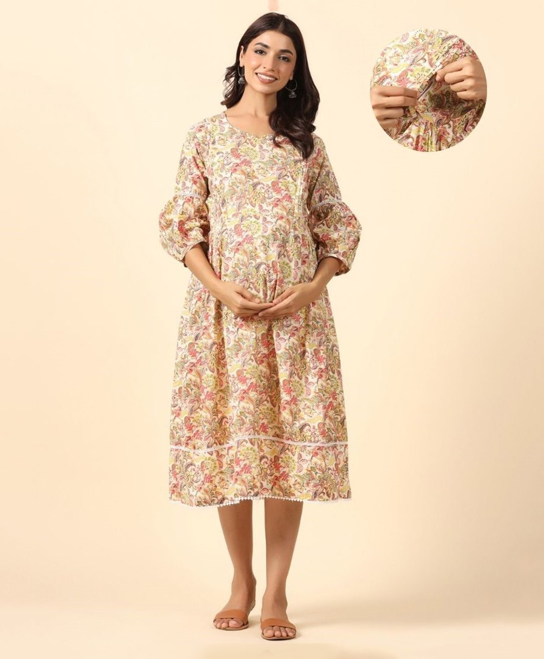 Ikk Kudi by Seerat Cotton Three Fourth Sleeves Floral  Printed Dress With Concealed Zipper Nursing Access - Multi Colour-picture-38