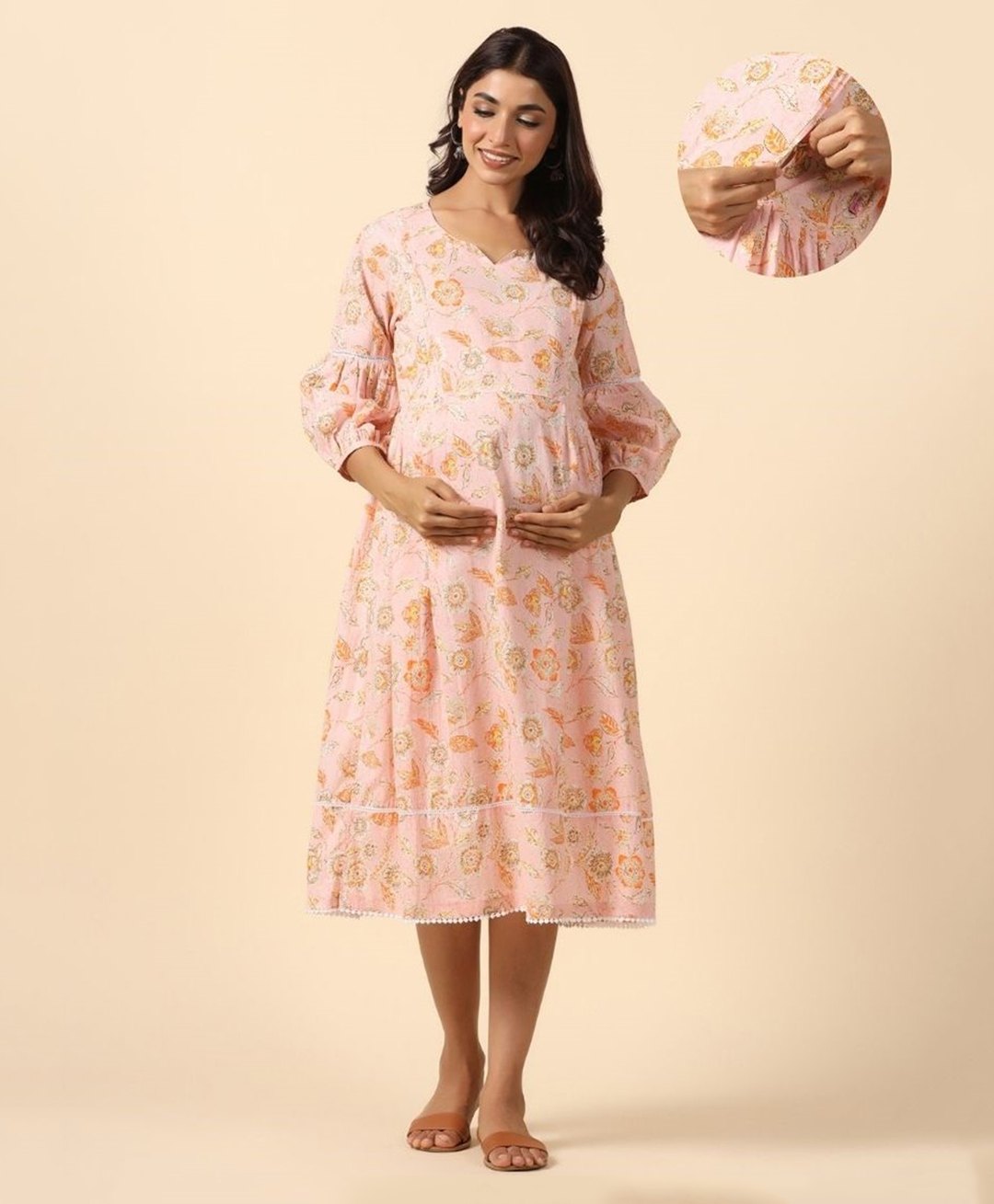 Ikk Kudi by Seerat Cotton Woven Three Fourth Sleeves Floral  Printed Dress With Concealed Zipper Nursing Access - Light Pink-picture-34