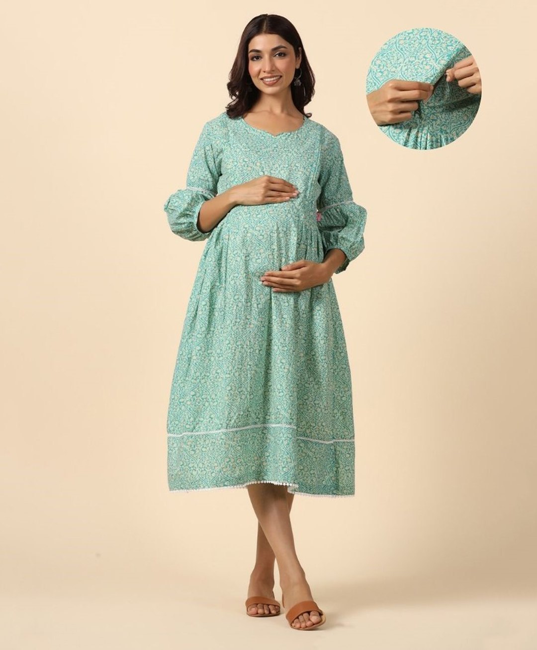Ikk Kudi by Seerat Cotton Three Fourth Sleeves Abstract  Printed Dress With Concealed Zipper Nursing Access - Turquoise-picture-2