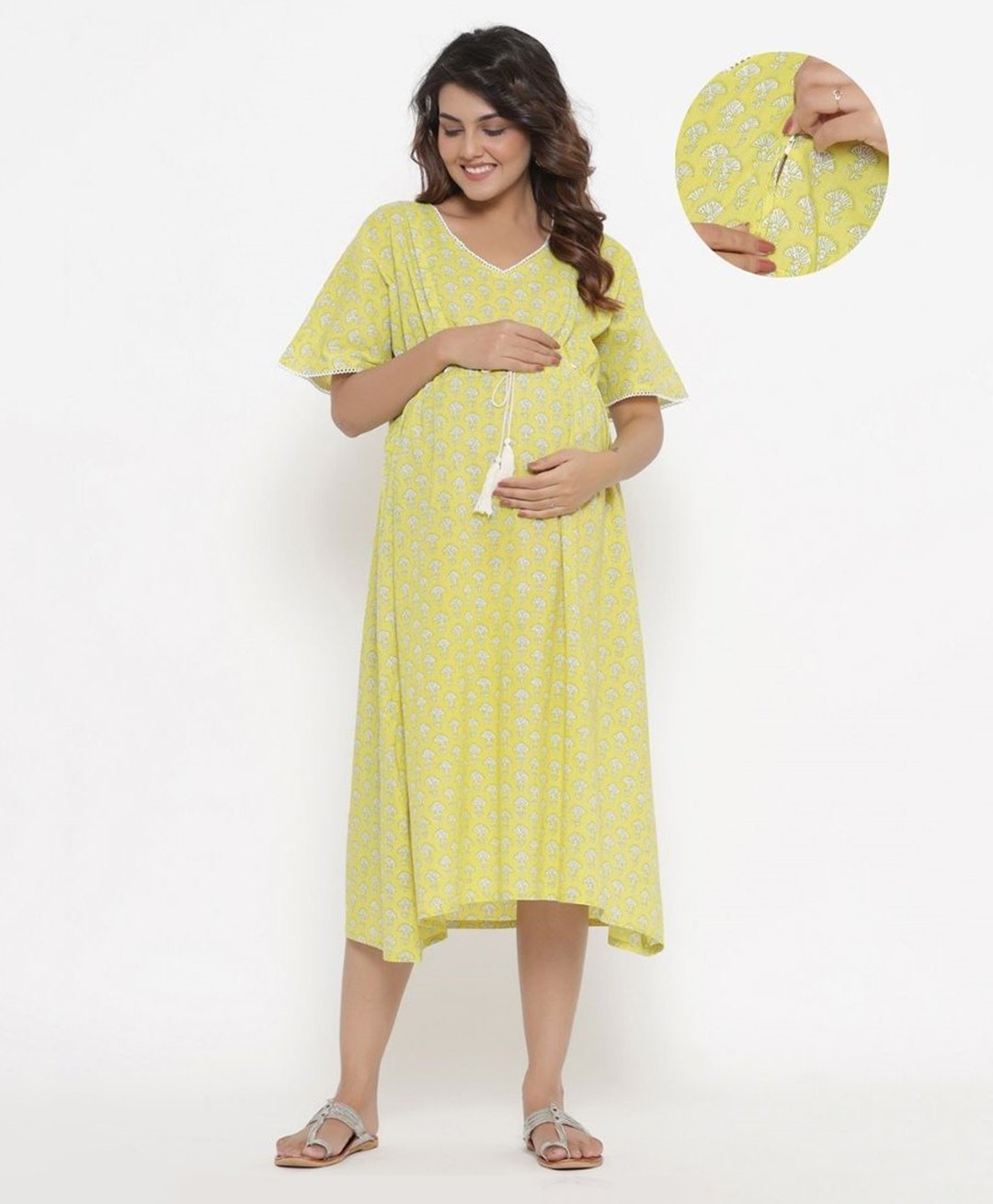 Ikk Kudi by Seerat Cotton Three Fourth Sleeves Floral  Printed Dress With Concealed Zipper Nursing Access - Lemon Yellow-picture-8