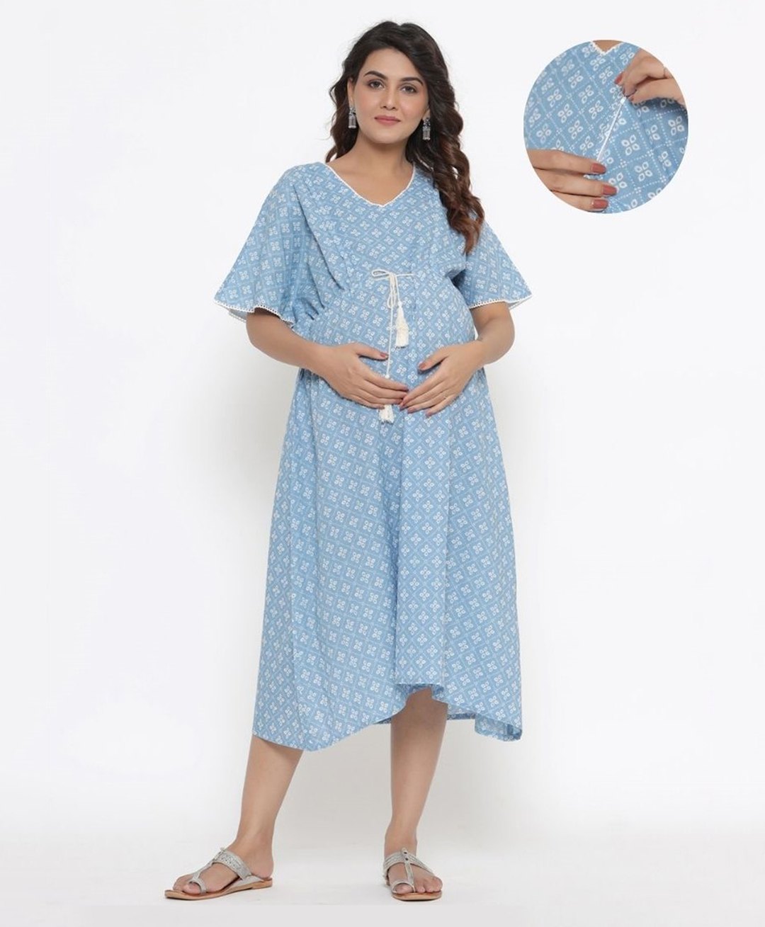 Ikk Kudi by Seerat Cotton Three Fourth Sleeves Bhandhej Printed Dress With Concealed Zipper Nursing Access - Light Blue-picture-8