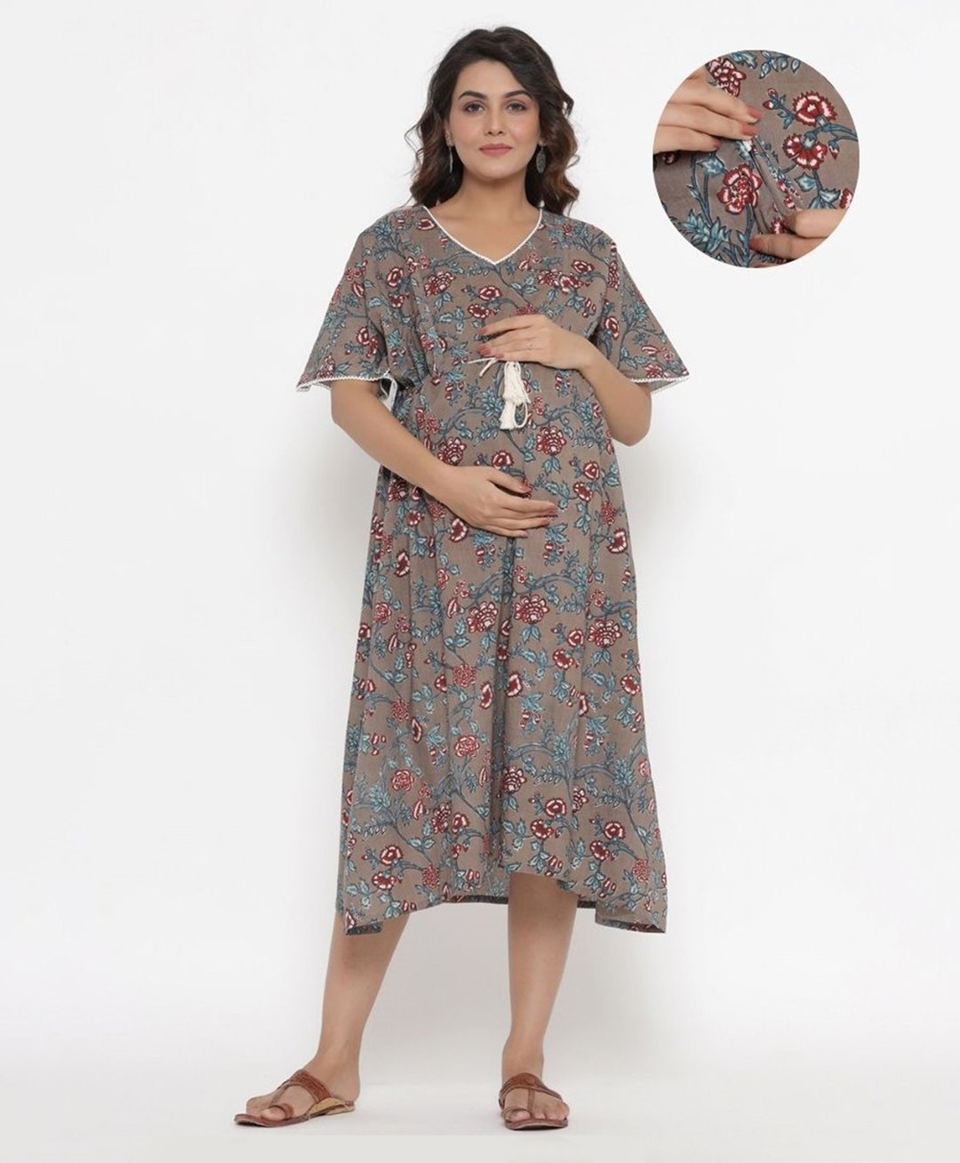 Ikk Kudi by Seerat Cotton Half Sleeves Floral Printed Dress With With Concealed Zipper Nursing Access - Grey-picture-7
