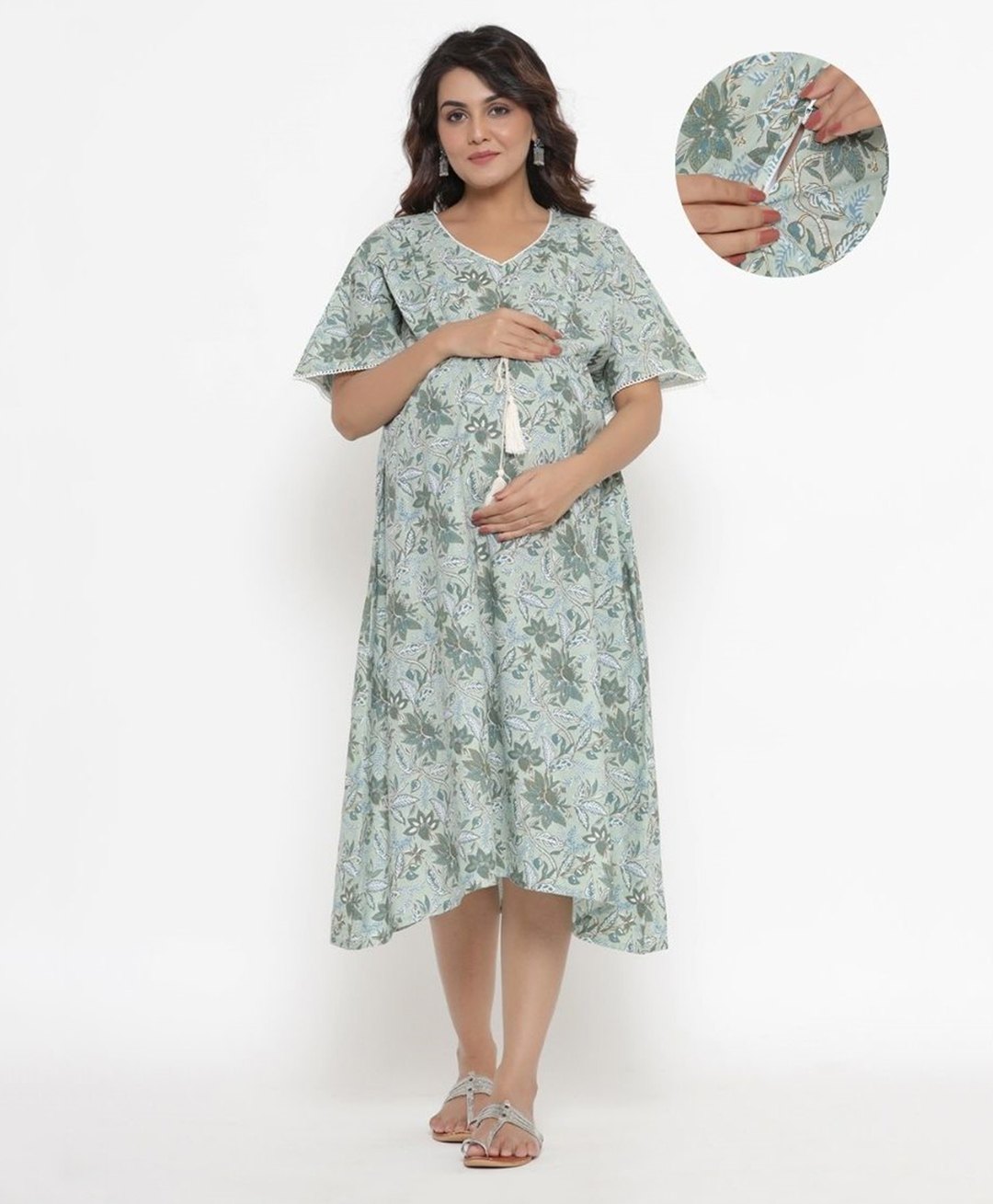 Ikk Kudi by Seerat Cotton Half Sleeves Floral Printed Dress With With Concealed Zipper Nursing Access - Green-picture-1