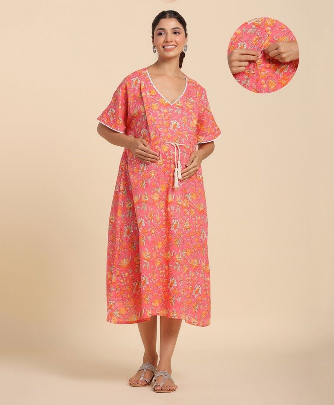 Ikk Kudi by Seerat Cotton Half Sleeves Floral Printed Dress With Concealed Zipper Nursing Access - Pink-picture-5